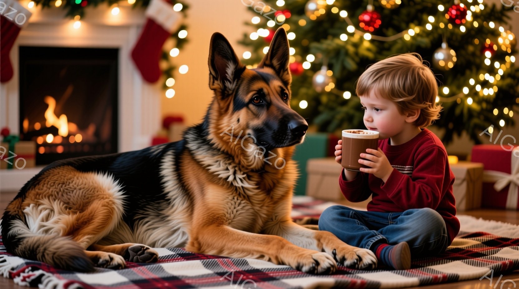 暖炉のある部屋で、小さな男の子が敷物の上に座り、ホットココアのような飲み物を楽しんでいます。彼は赤いセーターとジーンズを着ており、金髪で少し巻いた髪をしています。横には、毛並みの美しいジャーマンシェパ - AI生成フリー素材