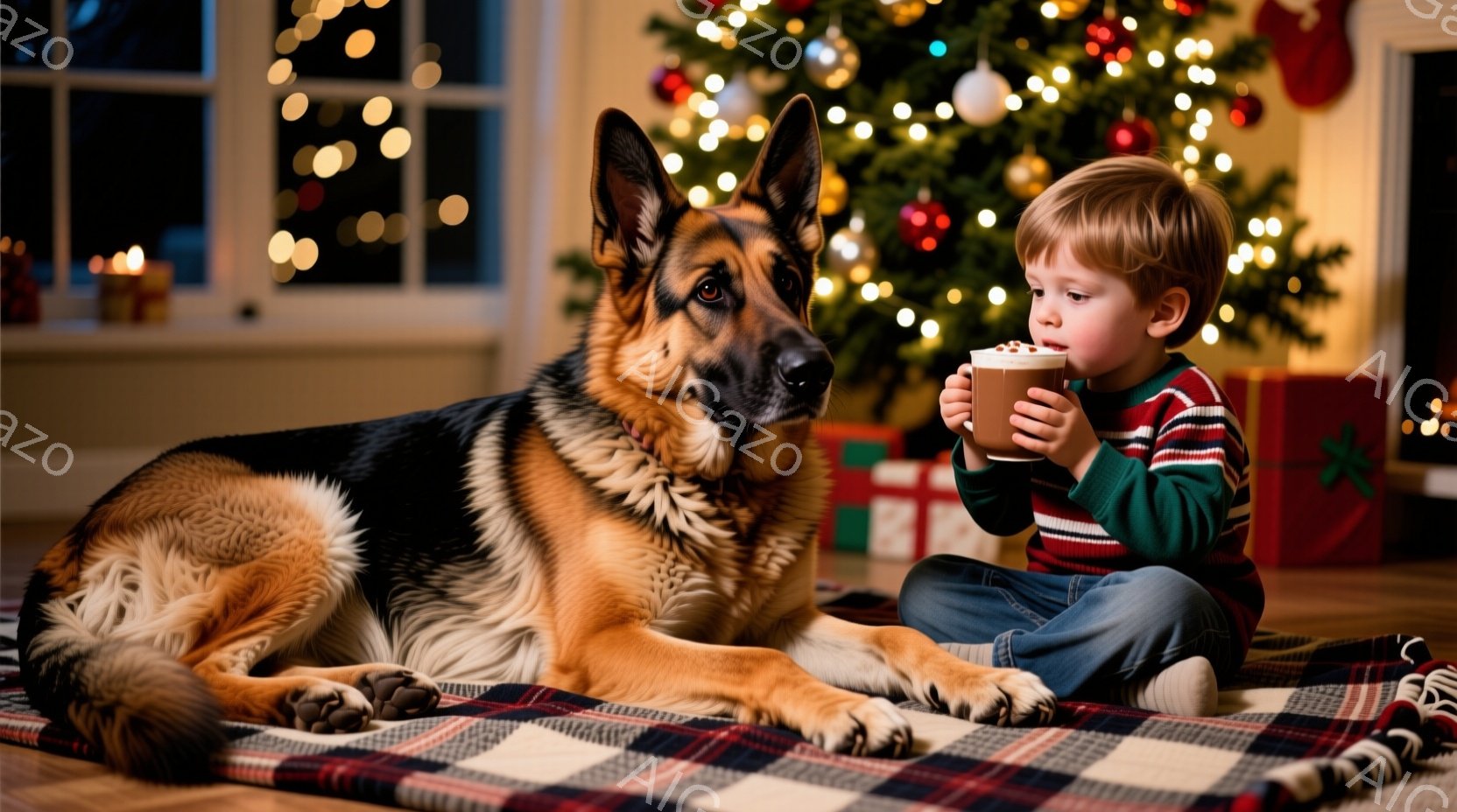 赤ちゃんは、クリスマスツリーのそばの敷物の上に座って、ココアのような暖かい飲み物を両手で抱えています。そばには、横になったジャーマンシェパードがおり、顔はリラックスしていて、穏やかな表情をしています。背景には、きらめくライトで飾られたクリスマスツリーと、プレゼントボックスが置かれており、温かく、居心地の良いクリスマスの雰囲気が漂っています。