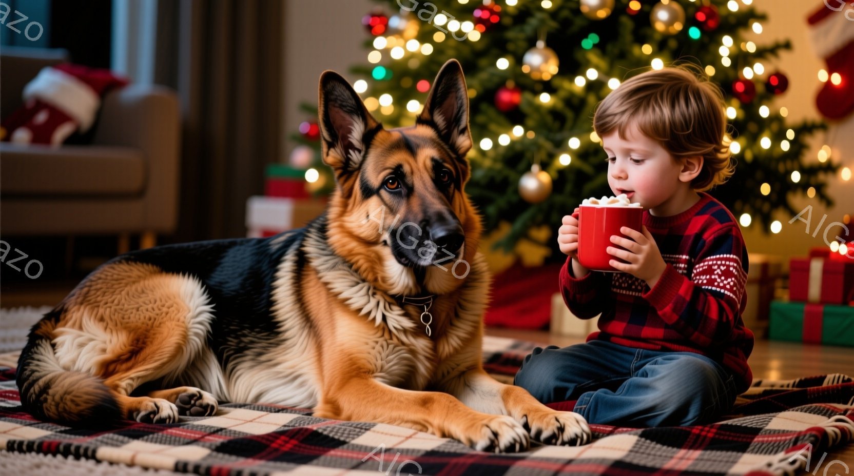 少年は赤いセーターを着て、床に敷かれたチェックのブランケットの上で、赤いマグカップを両手で抱えて何かを飲んでいます。隣にはドイツシェパードが横たわり、リラックスした表情で少年の傍らにいます。背景にはクリスマスツリーが飾られ、プレゼントの箱がいくつか置かれ、温かく幸せなクリスマスの雰囲気を醸し出しています。