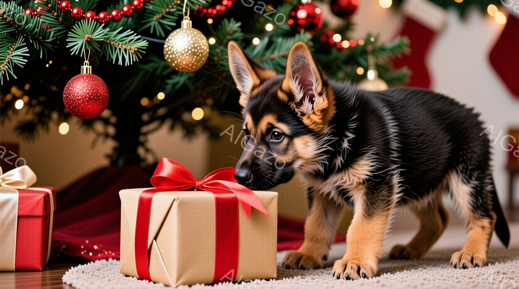 クリスマスツリーの足元にプレゼントが置かれ、ジャーマンシェパードの子犬が鼻を近づけています。子犬は黒と茶色の毛並みで、好奇心旺盛な表情でプレゼントの匂いを嗅いでいます。背景には赤い装飾とキラキラ光るラ - AI生成フリー素材