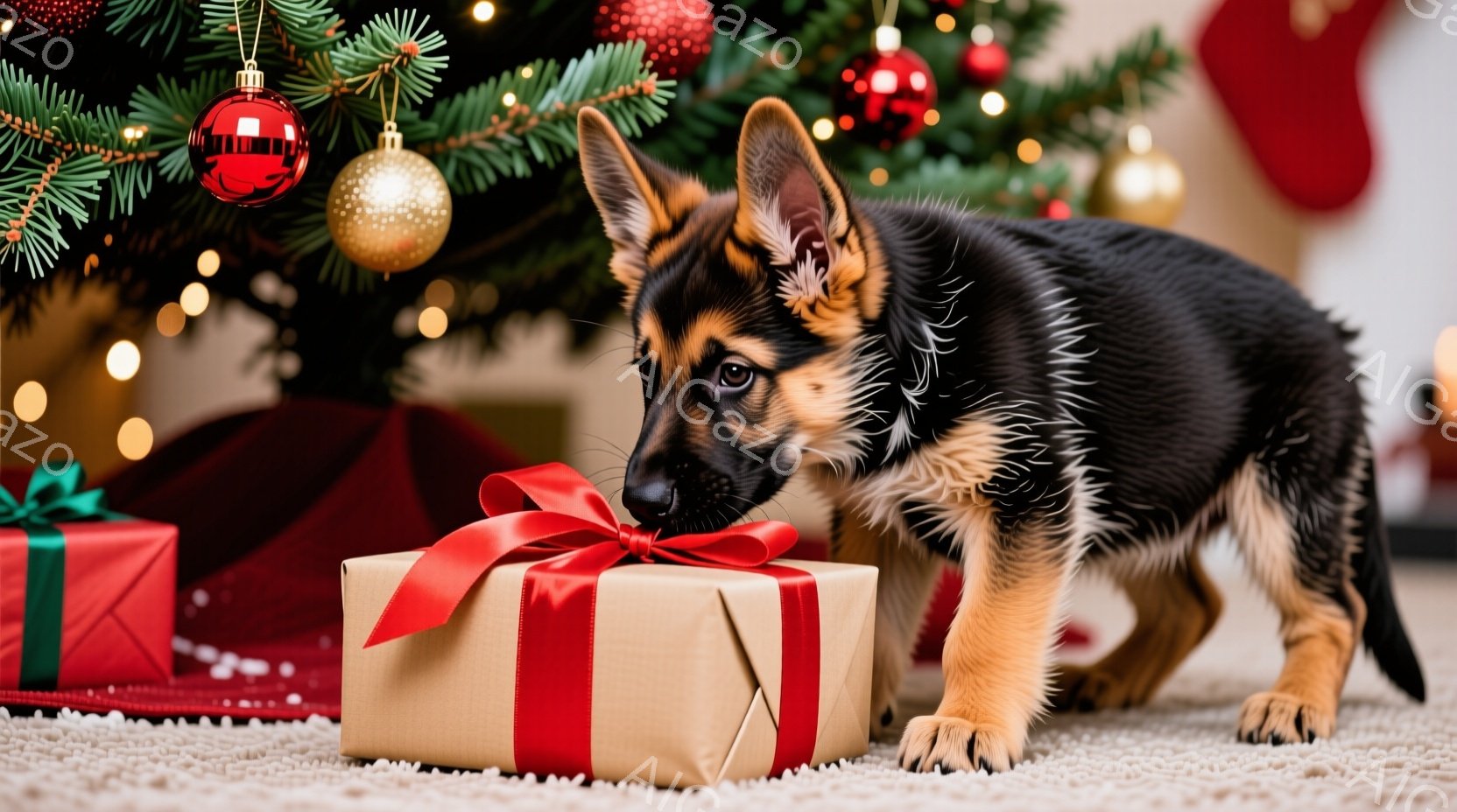 クリスマスツリーの足元に、茶色の包装紙でリボンのかかったプレゼントが置かれ、そのプレゼントに興味津々で鼻を近づけているジャーマンシェパードの子犬が写っています。子犬は黒と茶色の毛並みを持ち、好奇心旺盛 - AI生成フリー素材