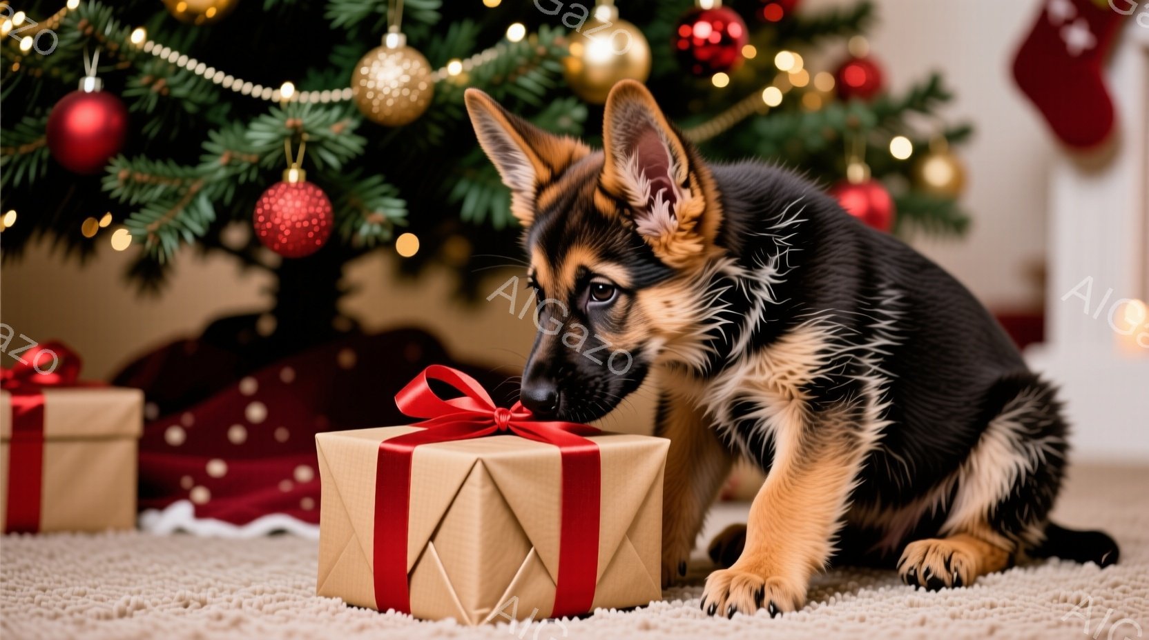 暖炉のそばでプレゼントの箱を嗅ぐジャーマンシェパードの子犬が写っています。子犬は黒と茶色の毛並みで、好奇心に満ちた表情をしています。背景には、クリスマスツリー、飾り、そして赤い毛皮の敷物が写り、温かく - AI生成フリー素材