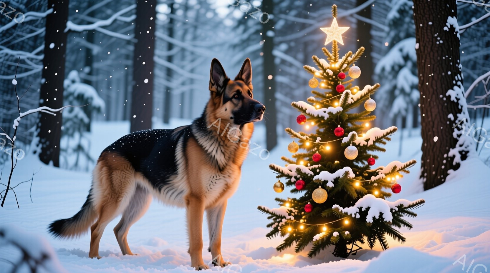 雪景色の中で、ジャーマンシェパードがクリスマスツリーの横に立っている。ツリーは暖色のライトと赤いオーナメントで飾られ、雪化粧をまとう木々と暖かく光るツリーがコントラストをなしている。犬は遠くを見つめ、 - AI生成フリー素材