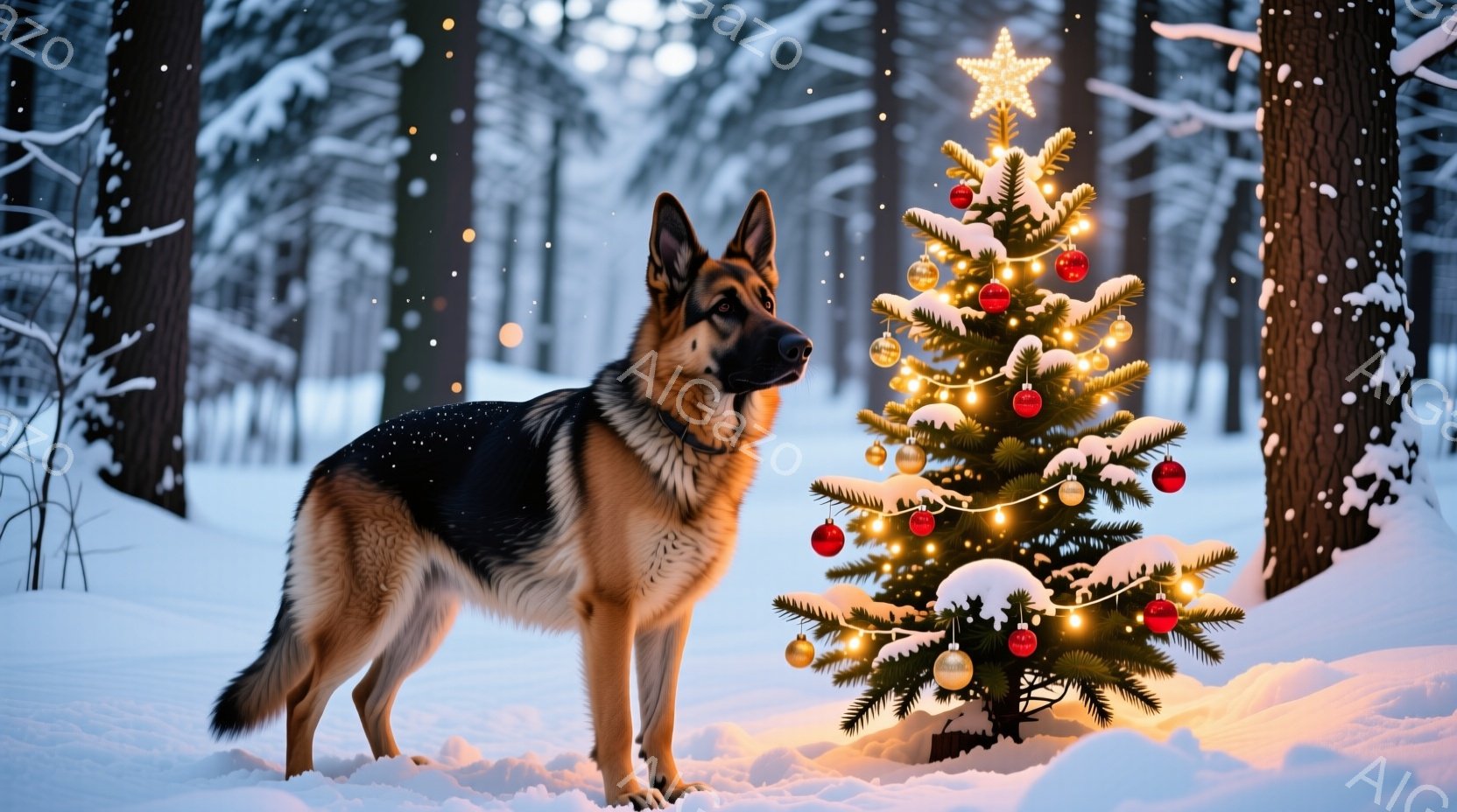 雪景色の中に、ドイツシェパードがクリスマスの飾り付けられたクリスマスツリーの隣に立っている。犬は首輪を付けており、凛々しい表情で遠くを見つめている。背景には雪に覆われた木々が立ち並び、幻想的で温かい雰 - AI生成フリー素材