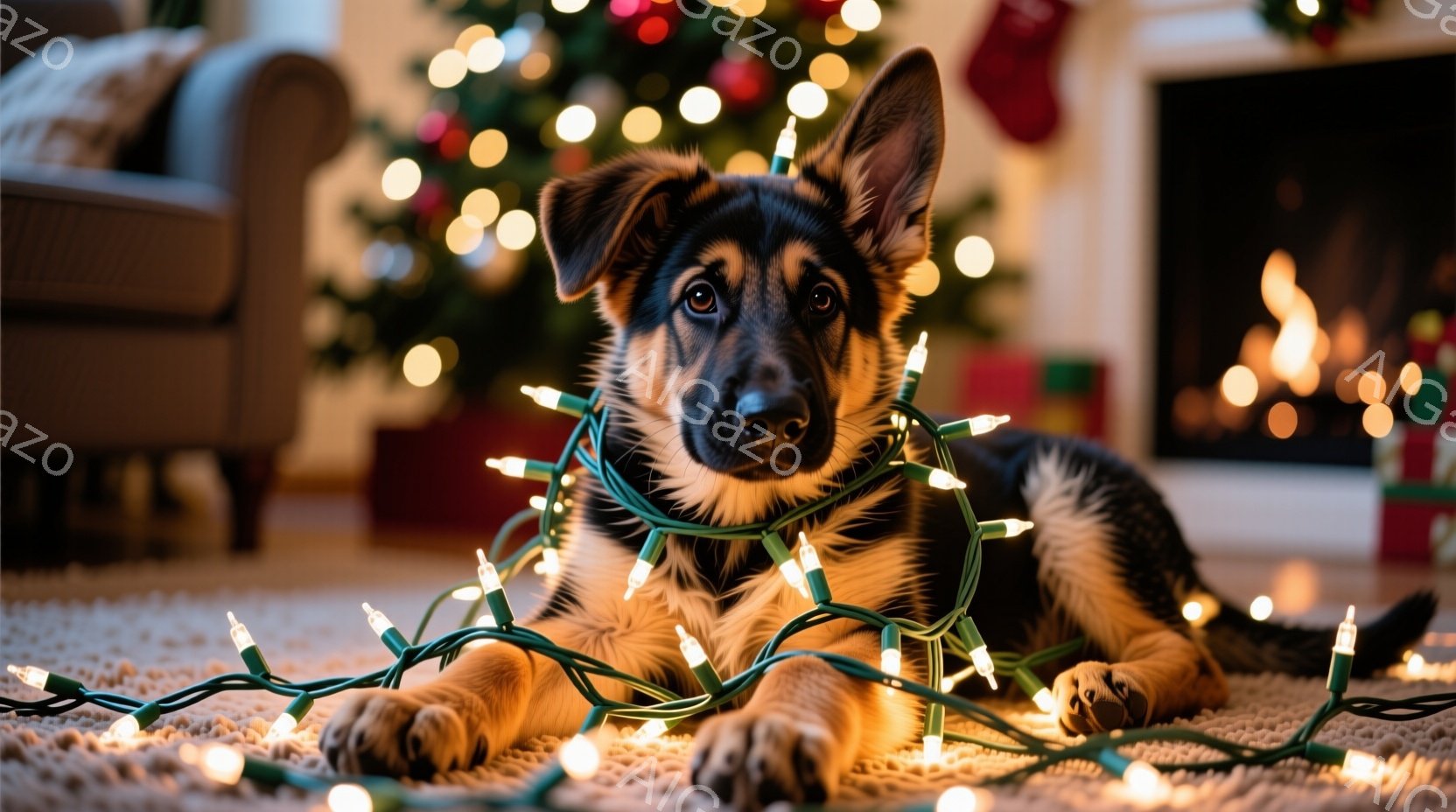 茶色と黒のジャーマンシェパードの子犬が、カーペットの上に横たわり、クリスマスツリーのイルミネーションライトに絡まっています。子犬は正面を見ており、少しいたずらっぽい表情をしています。背景には、暖炉で燃える炎と、クリスマスツリーのぼやけた光が見え、温かくお祝いの雰囲気です。