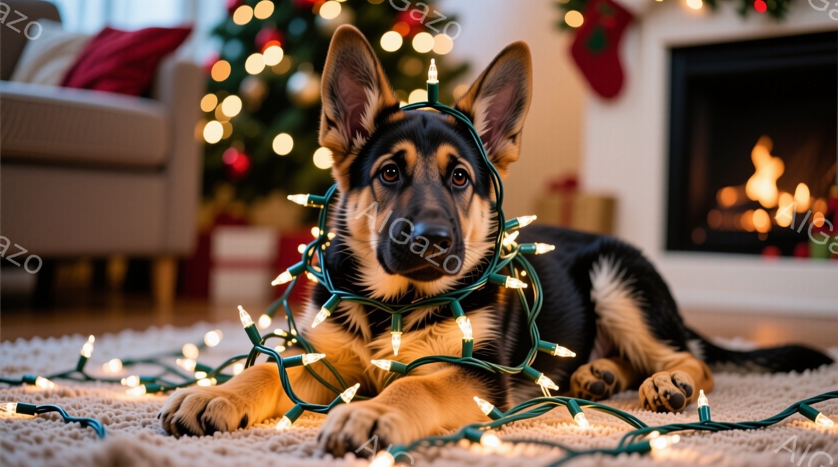 ソファの前に敷かれたラグの上に、クリスマスライトにくるまれたジャーマンシェパードの子犬が横たわっています。子犬はまっすぐ前を見つめ、いたずらっぽい表情を浮かべています。背景には、飾られたクリスマスツリ - AI生成フリー素材