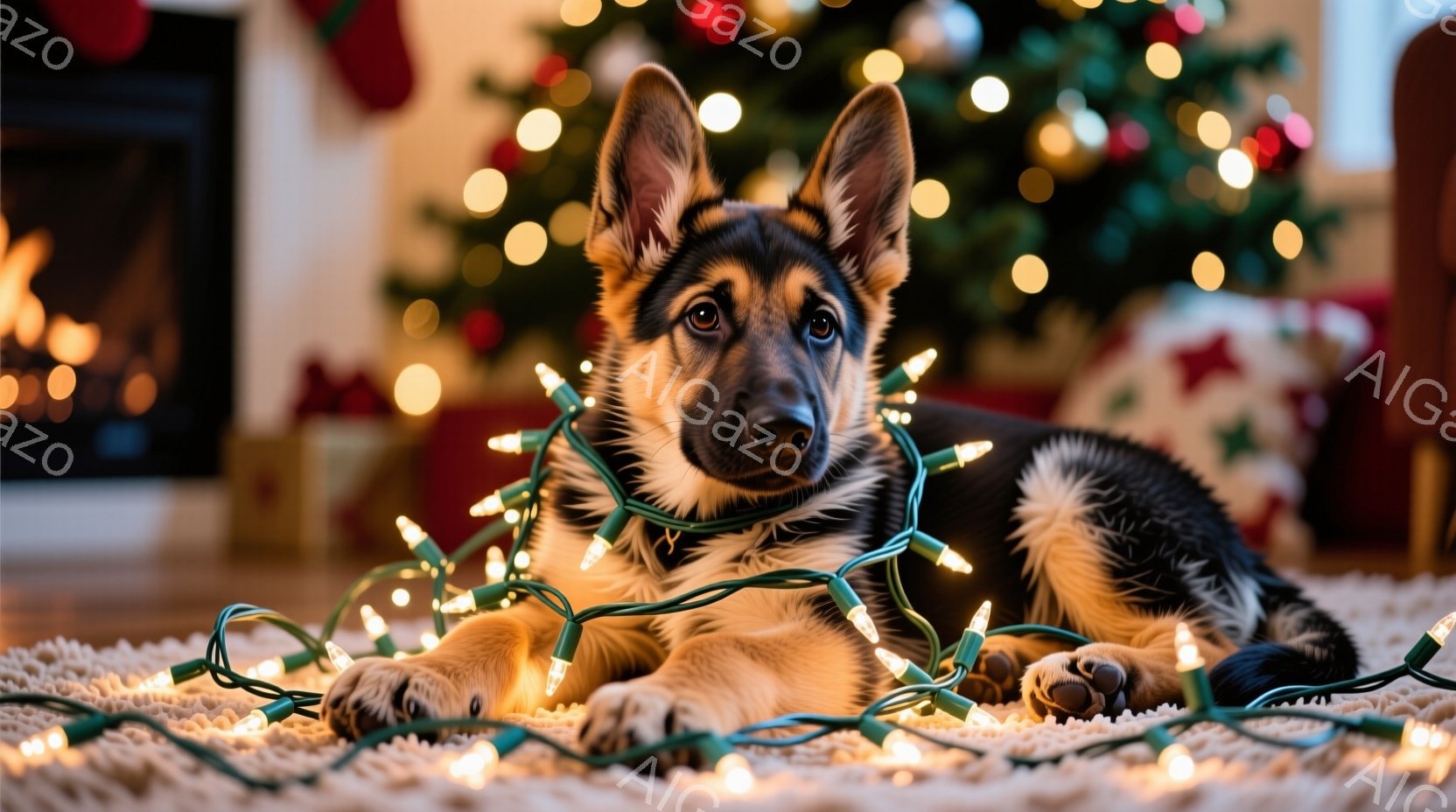 鮮やかなクリスマスツリーを背景に、ジャーマンシェパードの子犬がカーペットの上に横たわっています。子犬はクリスマスライトにからまり、リラックスした表情でカメラを見つめており、暖かく、お祝いの雰囲気を感じ - AI生成フリー素材