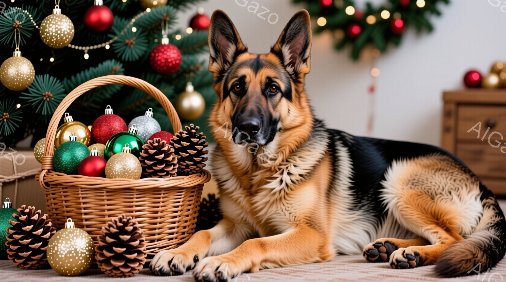 明るい毛並みのジャーマンシェパードが、クリスマスオーナメントと松ぼっくりが入ったバスケットの隣で横たわっています。犬は前足を伸ばし、リラックスした表情でカメラを見つめており、背景にはクリスマスツリーが - AI生成フリー素材