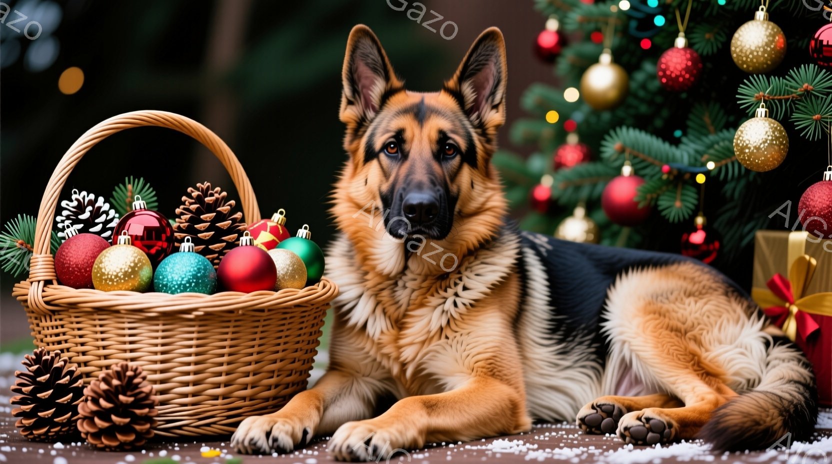 クリスマスツリーの背景に、茶色と黒のジャーマンシェパードが横たわっている様子が写っています。その隣には、赤、緑、金色のボールや松ぼっくりでいっぱいの籐のバスケットが置かれており、雪が薄く降り積もっているようです。全体的に、暖かく、お祝いの雰囲気で、犬がリラックスした様子が伝わってきます。