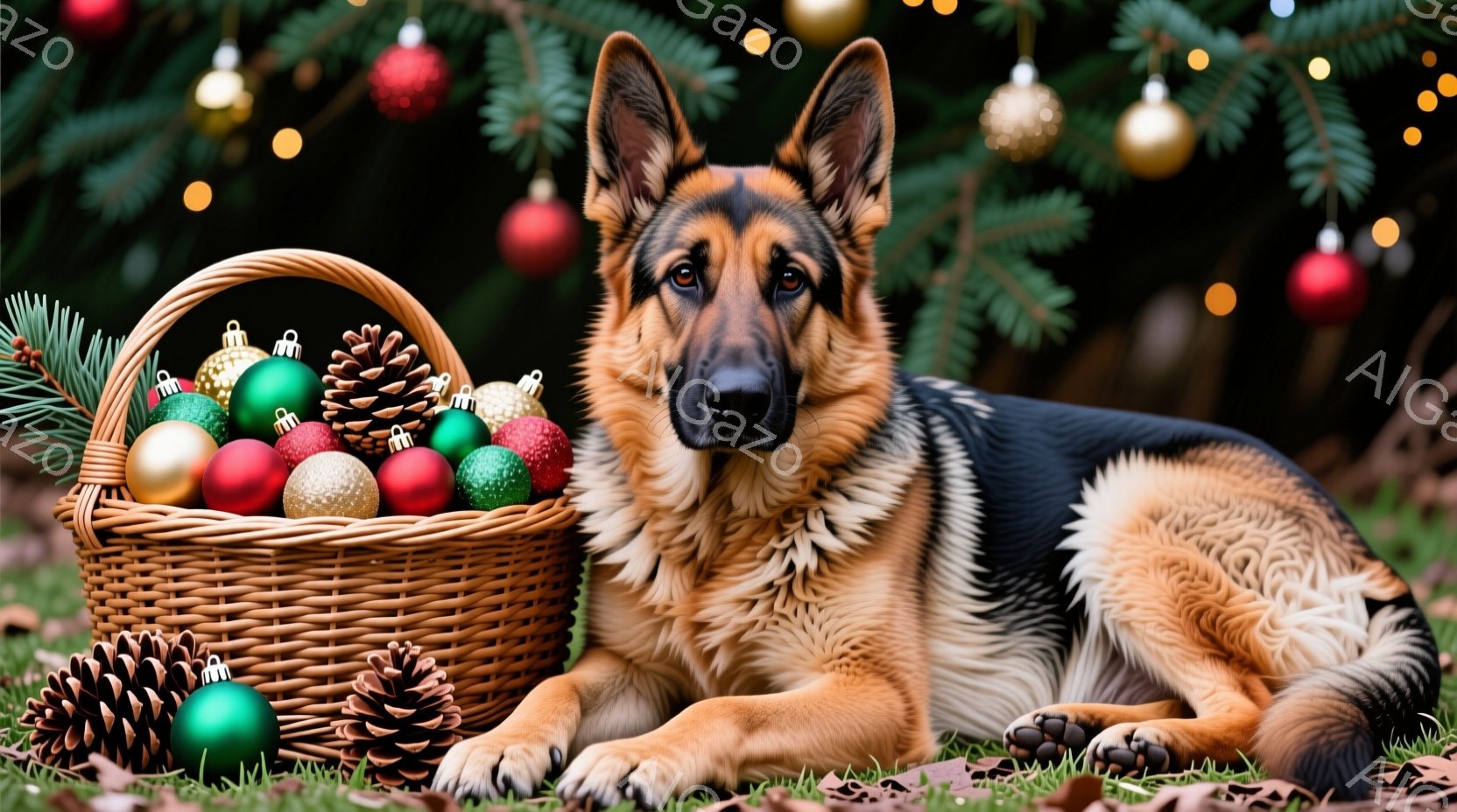 緑の芝生の上に横たわるジャーマンシェパードが写っています。そばには、クリスマスオーナメントや松ぼっくりが詰まった籐のバスケットがあり、背景にはぼやけたクリスマスツリーのイルミネーションが見えます。犬は落ち着いており、暖かくお祝いの雰囲気が漂っています。