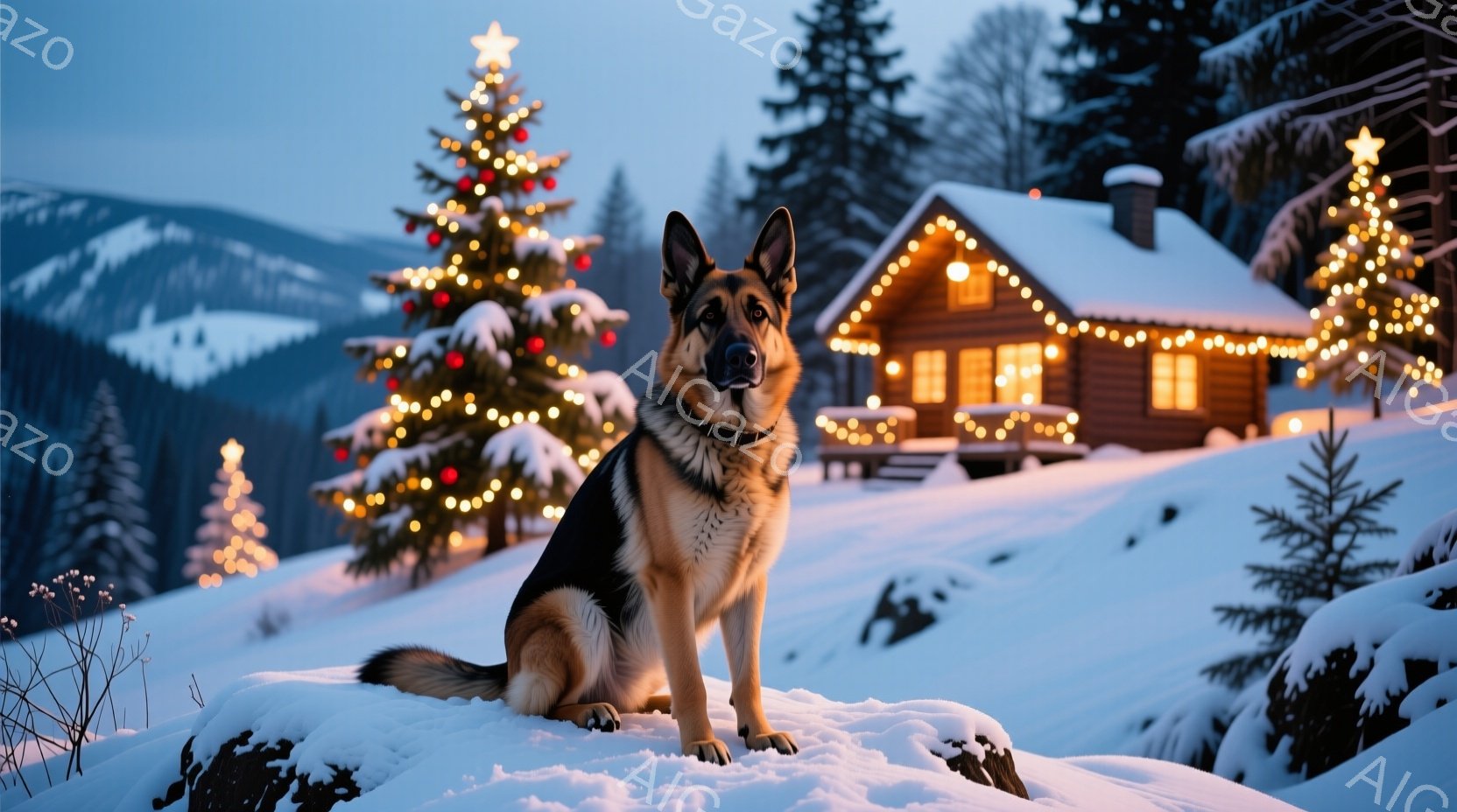 雪に覆われた丘の上に、ジャーマンシェパードが座っている。背景には、クリスマスツリーのようにライトアップされた針葉樹と、暖かく光る木造の家が見える。雪と光のコントラストが、静かで穏やかな冬の雰囲気を醸し - AI生成フリー素材