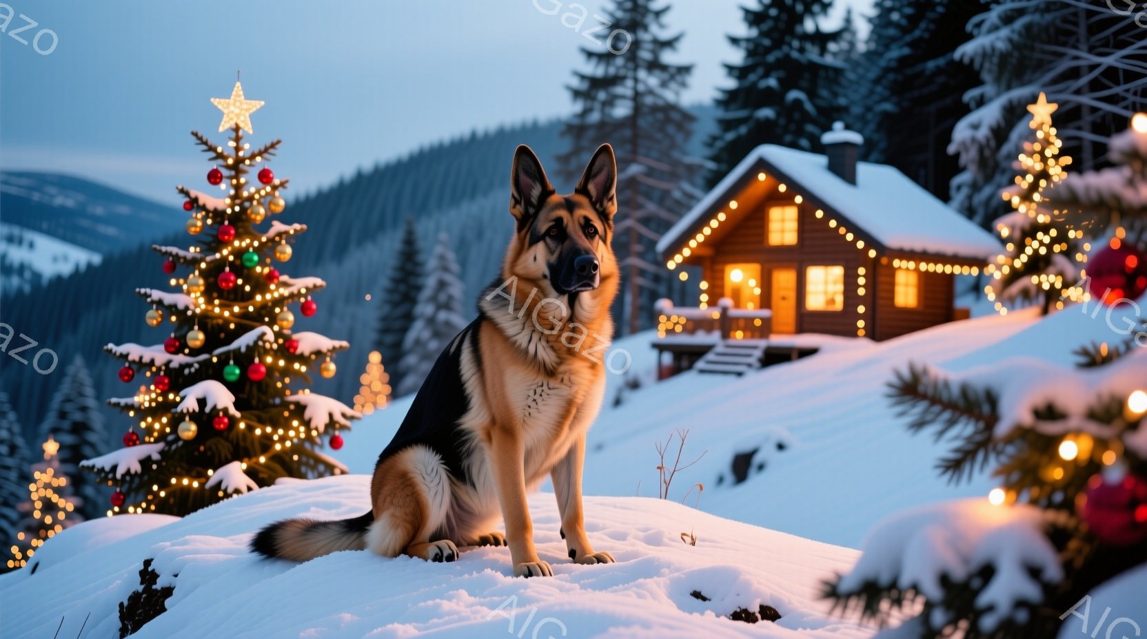 灰色の毛並みを持つジャーマンシェパードが雪の上に座っており、少し前を見つめている。背景には、クリスマスツリーやイルミネーションで飾られた可愛らしい木造の家があり、雪景色の中に暖かな光が広がっている。全体的に、冬の穏やかで祝祭的な雰囲気が漂っている。