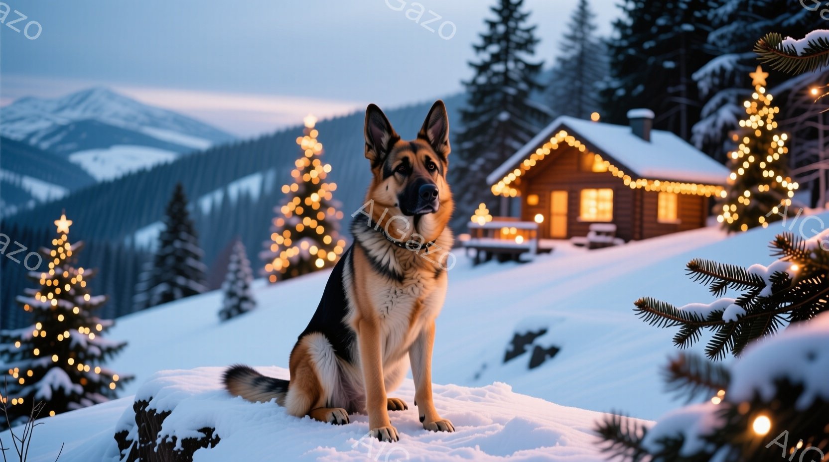 雪景色の中に、ジャーマンシェパードが凛々と座っています。背景には、温かい光で飾られた可愛らしい木造の家と、雪をまとった針葉樹林が広がっており、クリスマスの雰囲気を醸し出しています。暖色系の光が雪景色に映え、穏やかで心温まる情景が広がっています。