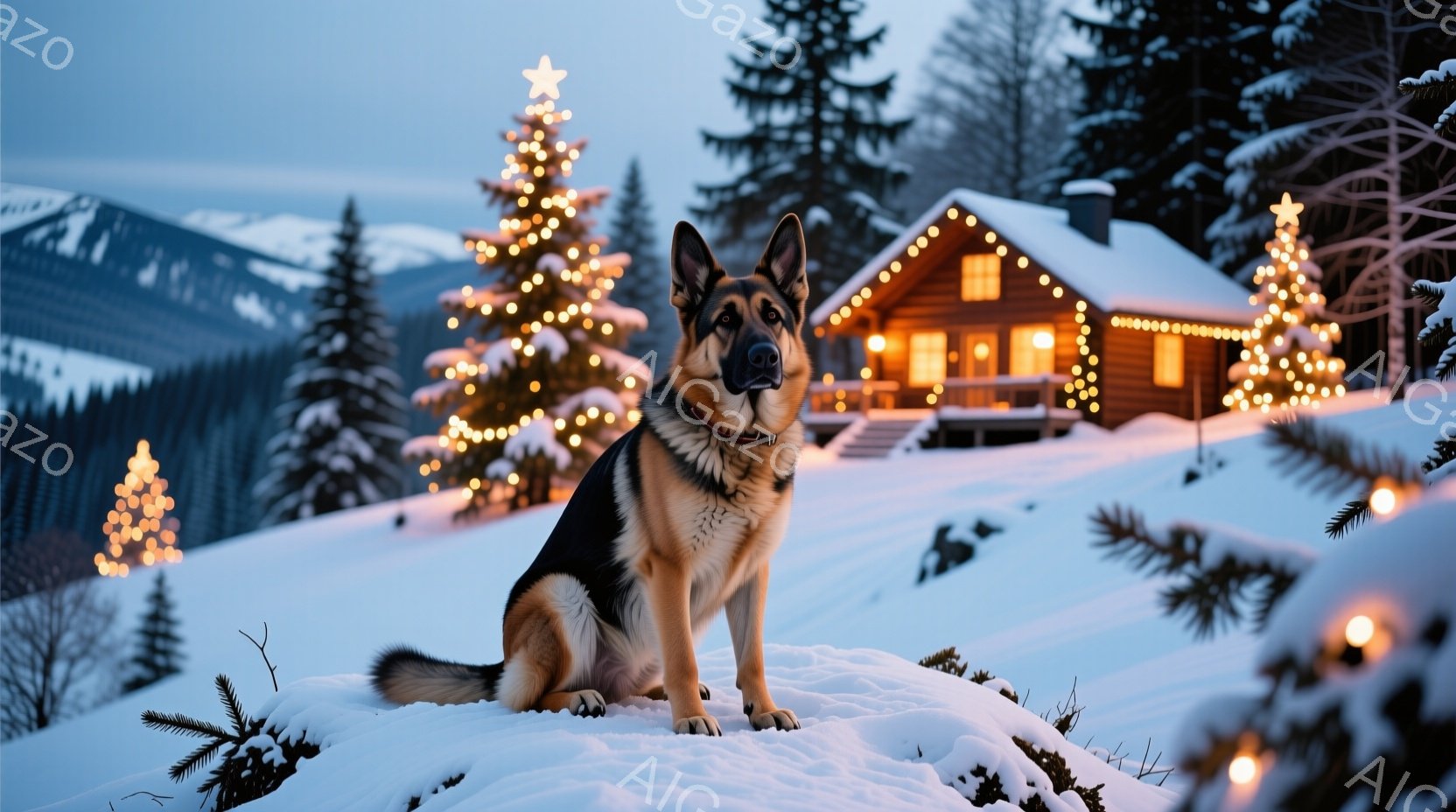 雪景色の中に、ジャーマンシェパードが座ってこちらを見ています。背景にはクリスマスの飾り付けがされた建物と木々があり、温かい光が雪景色に映えています。全体的に、静かで穏やかな冬の雰囲気が漂っています。 - AI生成フリー素材