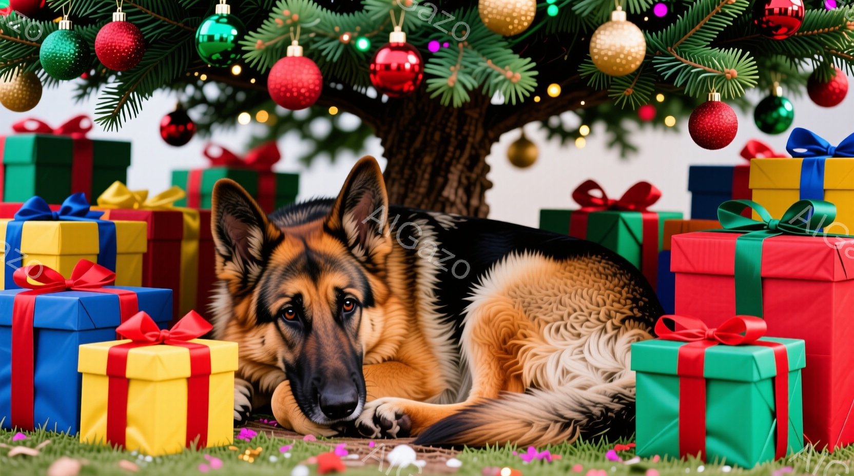 プレゼントの箱に囲まれたジャーマンシェパードが写っています。犬は地面に横たわり、落ち着いた表情でカメラを見つめており、背景にはクリスマスツリーの飾りやキラキラした紙片が見えます。全体的に、暖かく、お祝 - AI生成フリー素材