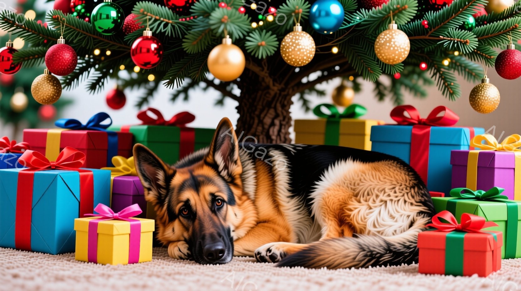 クリスマスツリーの下に、茶色と黒のジャーマンシェパードが横たわっています。その犬はリラックスした様子で、前足を伸ばし、落ち着いた表情をしています。背景には、色とりどりのリボンで飾られたプレゼントの山が - AI生成フリー素材
