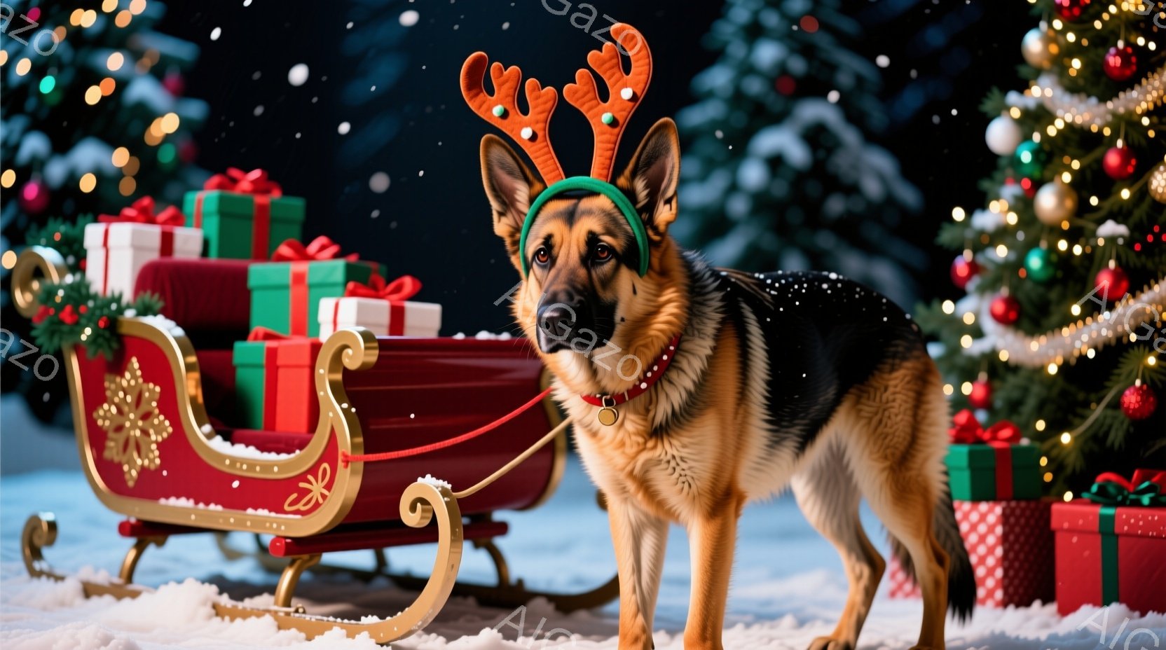 クリスマスをテーマにしたシーンが写っています。ジャーマンシェパードがトナカイの角のヘッドバンドを装着し、雪の上に置かれた赤いそりに寄りかかっています。背景には、クリスマスツリーやカラフルなプレゼントボ - AI生成フリー素材