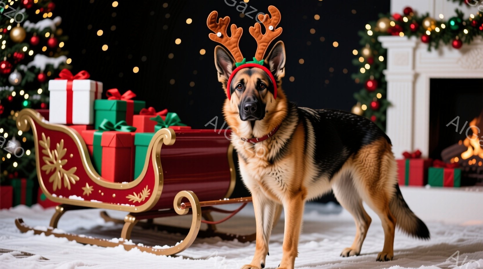 クリスマスをテーマにした、ドイツシェパード犬が写っています。犬は頭にトナカイの角の飾りをつけており、雪の上に置かれた赤いそりに隣接して立っています。背景には、クリスマスツリーや暖炉が見え、お祝いの雰囲 - AI生成フリー素材