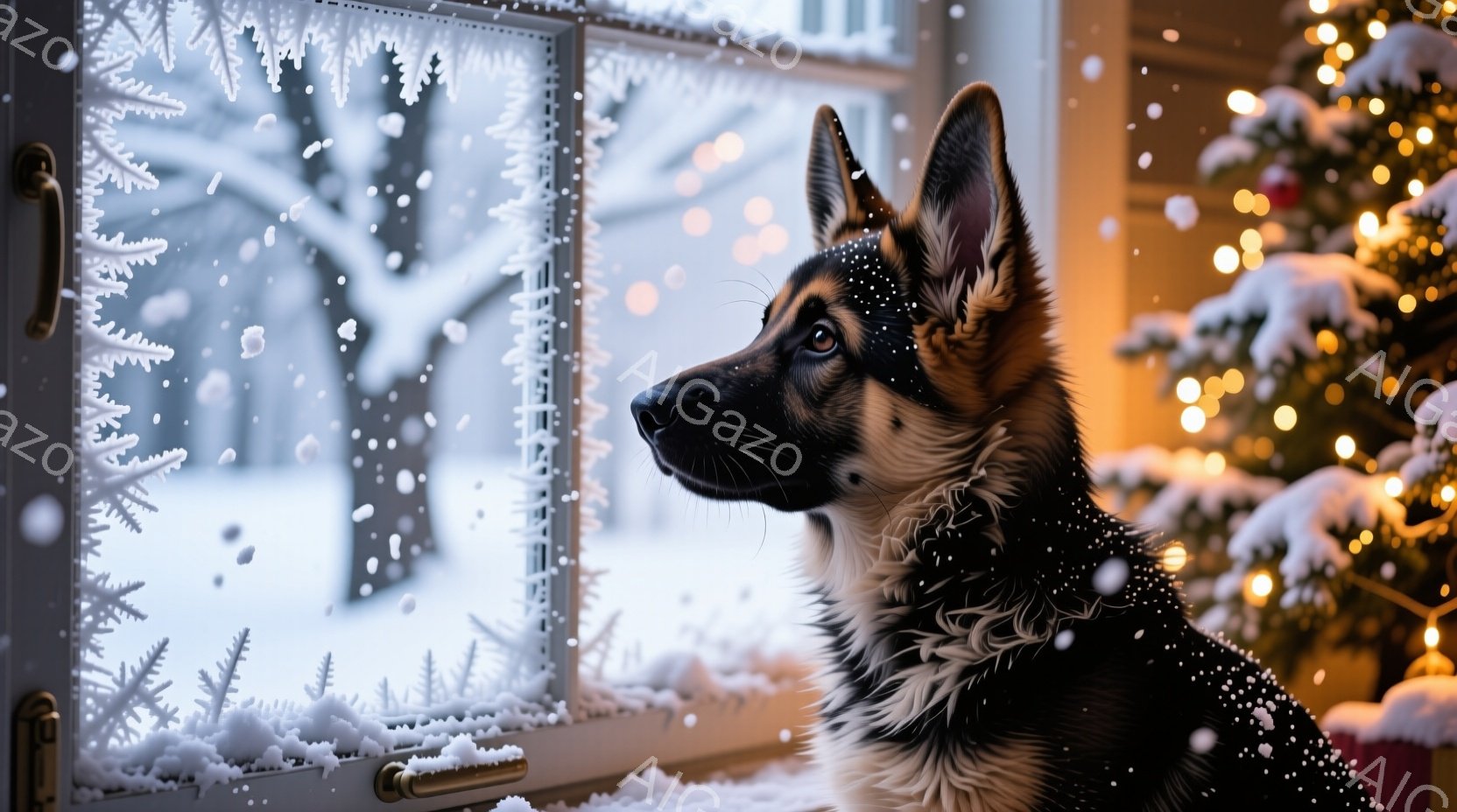 窓辺にジャーマンシェパードが座り、外の雪景色を眺めている。窓ガラスには雪の結晶が描かれており、背景にはぼんやりとしたクリスマスツリーの光が灯っている。暖かく穏やかな雰囲気で、犬は静かに冬の景色を楽しん - AI生成フリー素材