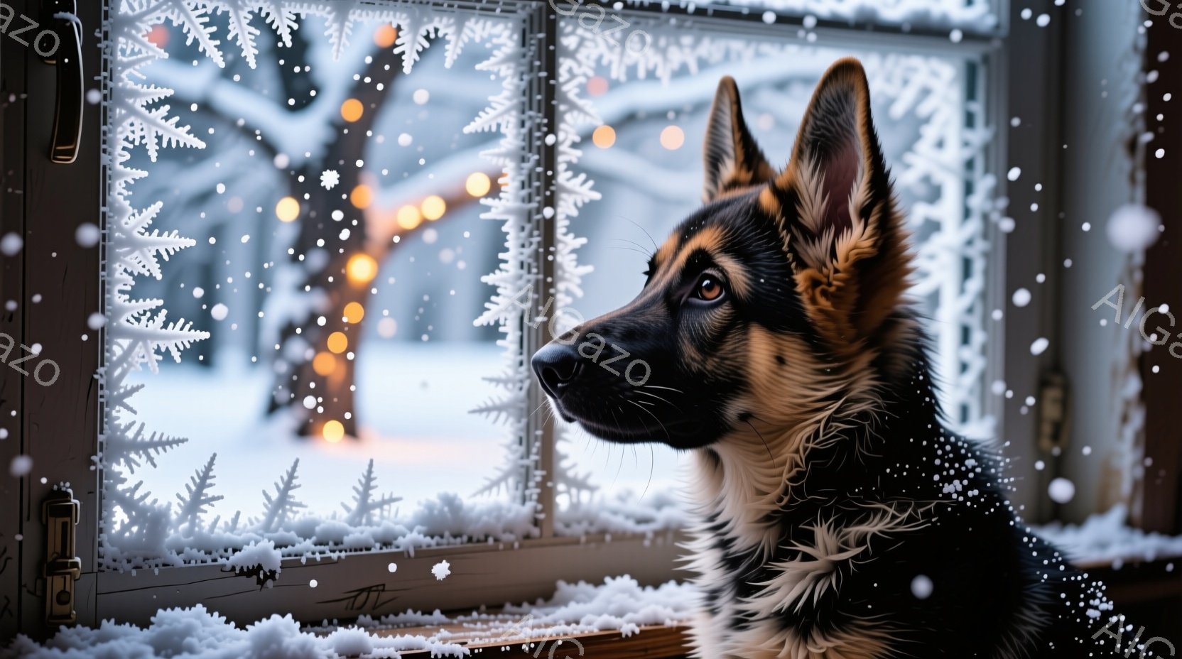 画像は雪の降る冬の日に、窓枠に座って外を見つめるジャーマンシェパードの子犬を描いています。子犬は黒と茶色の毛並みで、鋭い視線で遠くを見つめており、その表情はどこか物憂げです。背景にはぼやけた冬の風景が - AI生成フリー素材