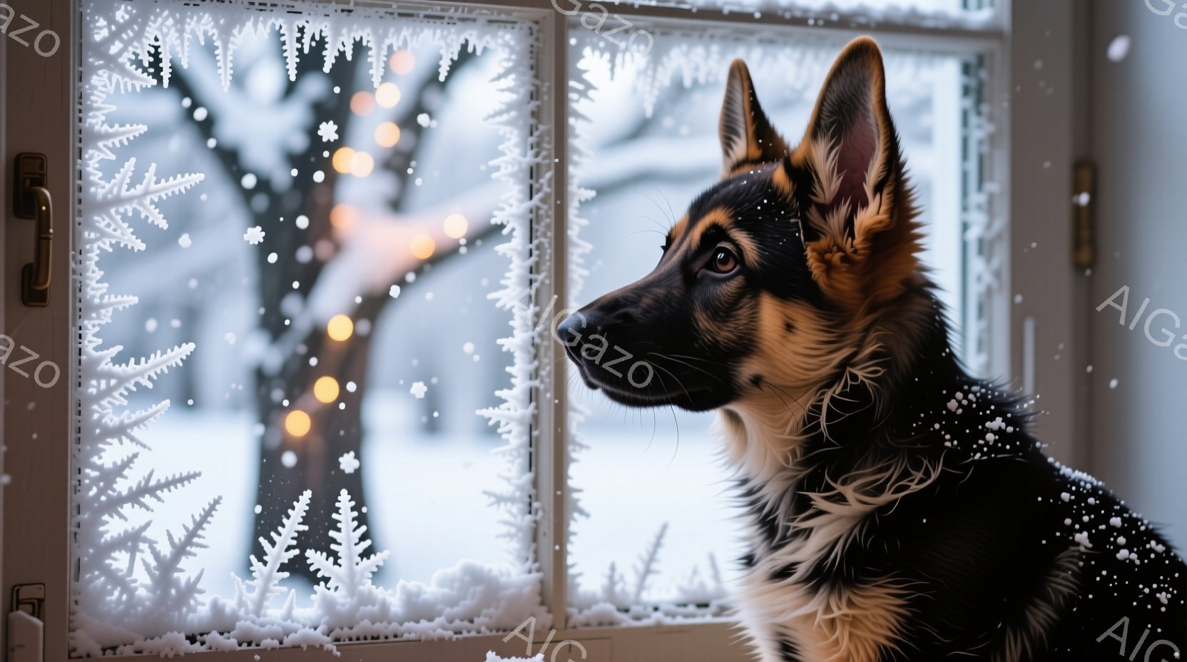 窓辺に佇むジャーマンシェパードが写っている。雪が降り積もり、窓ガラスには霜が降りており、外は雪景色でぼんやりと光るクリスマスツリーの飾りが見える。犬は横顔で、遠くを見つめる表情はどこか物憂げで、冬の静 - AI生成フリー素材