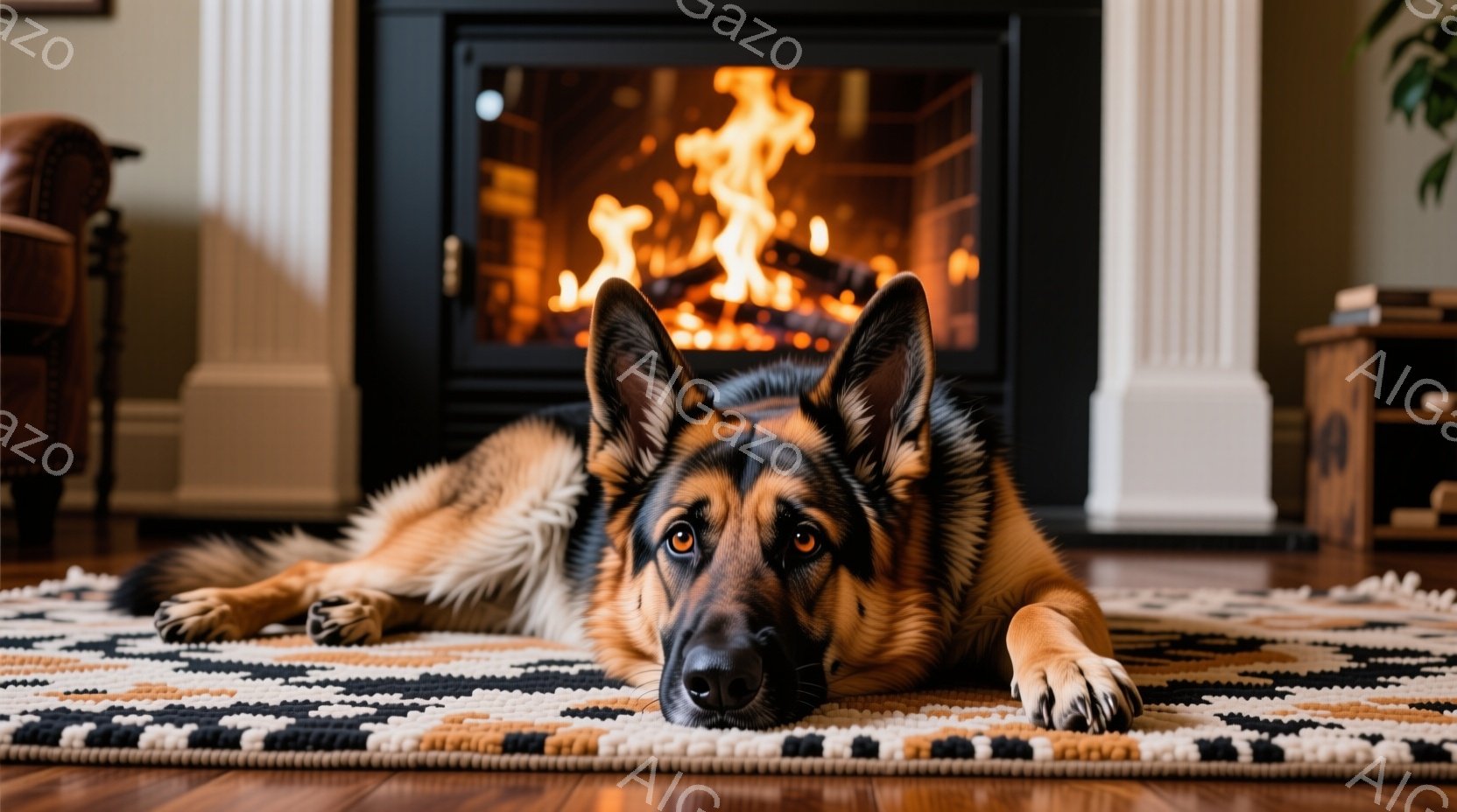暖炉の前に敷かれたカラフルなラグの上に、ジャーマンシェパードが横たわっています。犬はリラックスした様子で、正面をまっすぐ見つめており、落ち着いた表情をしています。背景には白く装飾された暖炉があり、暖かく心地よい雰囲気が漂っています。