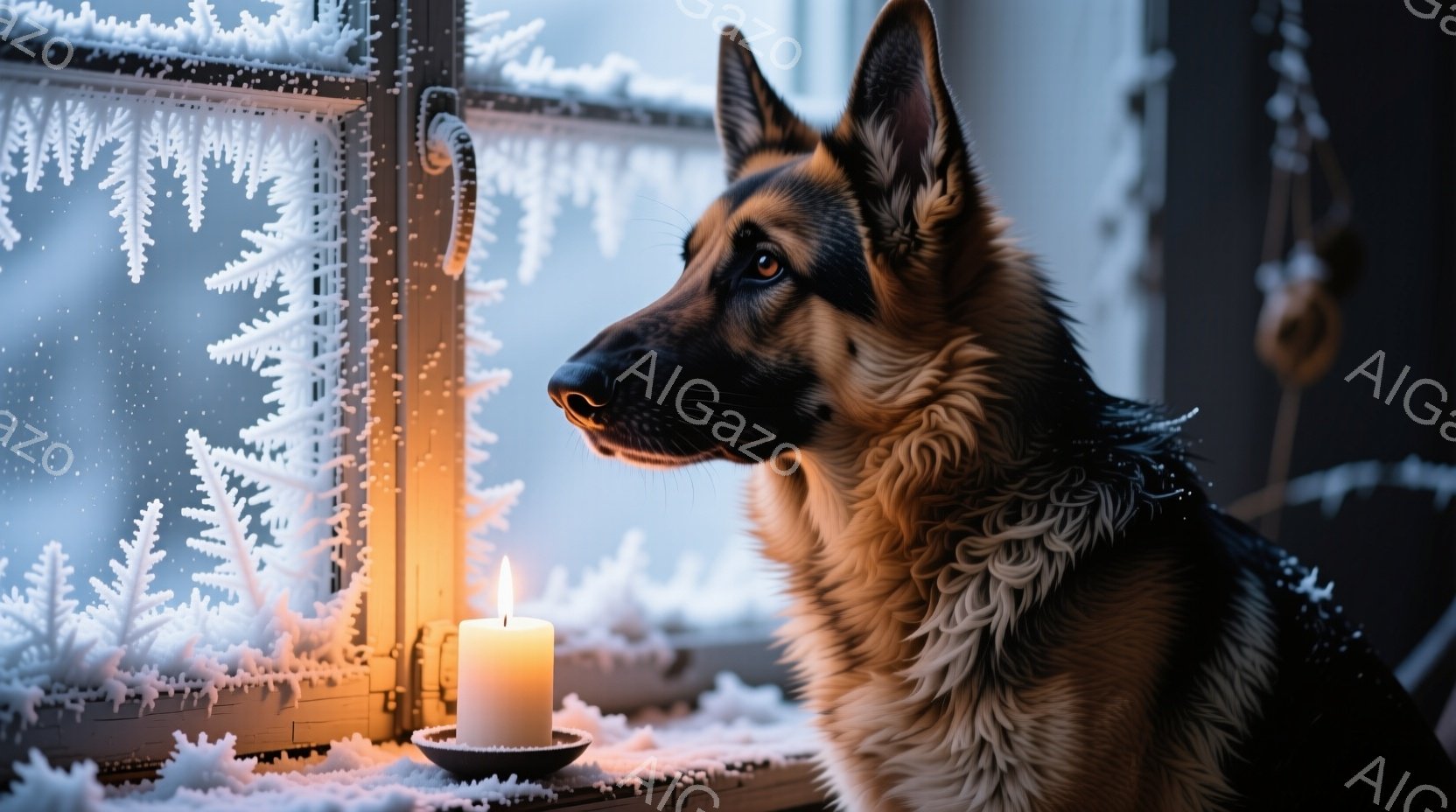 窓枠に霜が降り積もり、その内側には灯されたキャンドルが暖かな光を灯している。ジャーマンシェパードが窓辺に座り、どこか遠くを見つめている。冬の静寂と暖かさが共存する、穏やかな情景である。 - AI生成フリー素材