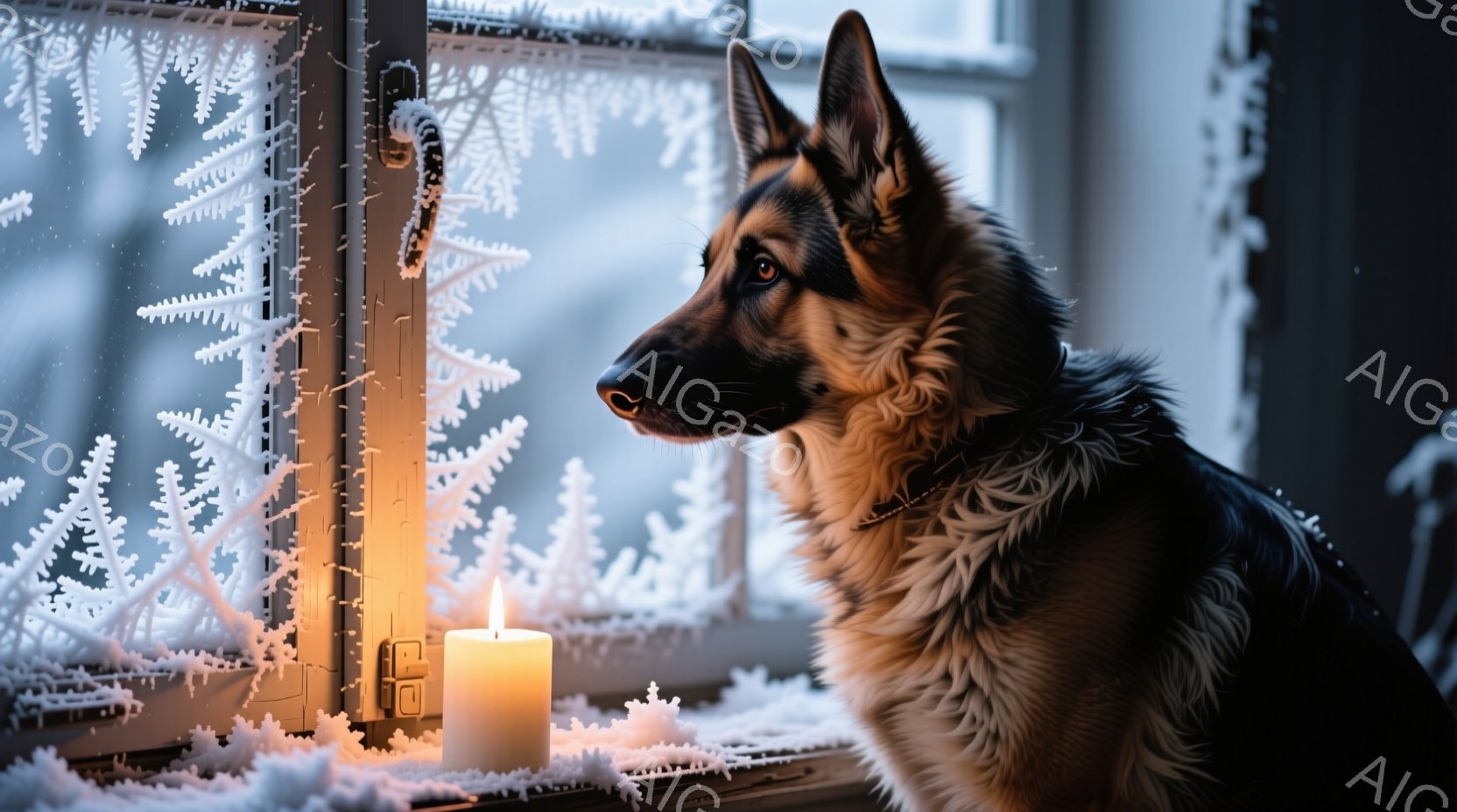 窓辺にジャーマンシェパードが座り、外の雪景色を物憂げに見つめている。窓には雪の結晶が描かれ、奥には揺らめくキャンドルの光が暖かさを添えている。全体的に静かで、冬の寒さと犬の孤独感が漂う、ノスタルジック - AI生成フリー素材