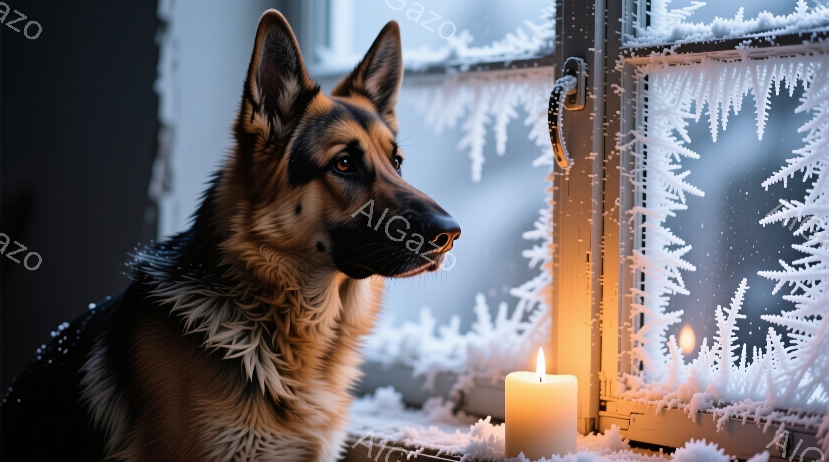窓の外を眺めるジャーマンシェパードが写っています。窓ガラスには雪の結晶が描かれており、窓枠には雪が積もっています。室内には暖かく光るキャンドルがあり、全体的に静かで冬らしい雰囲気を醸し出しています。 - AI生成フリー素材