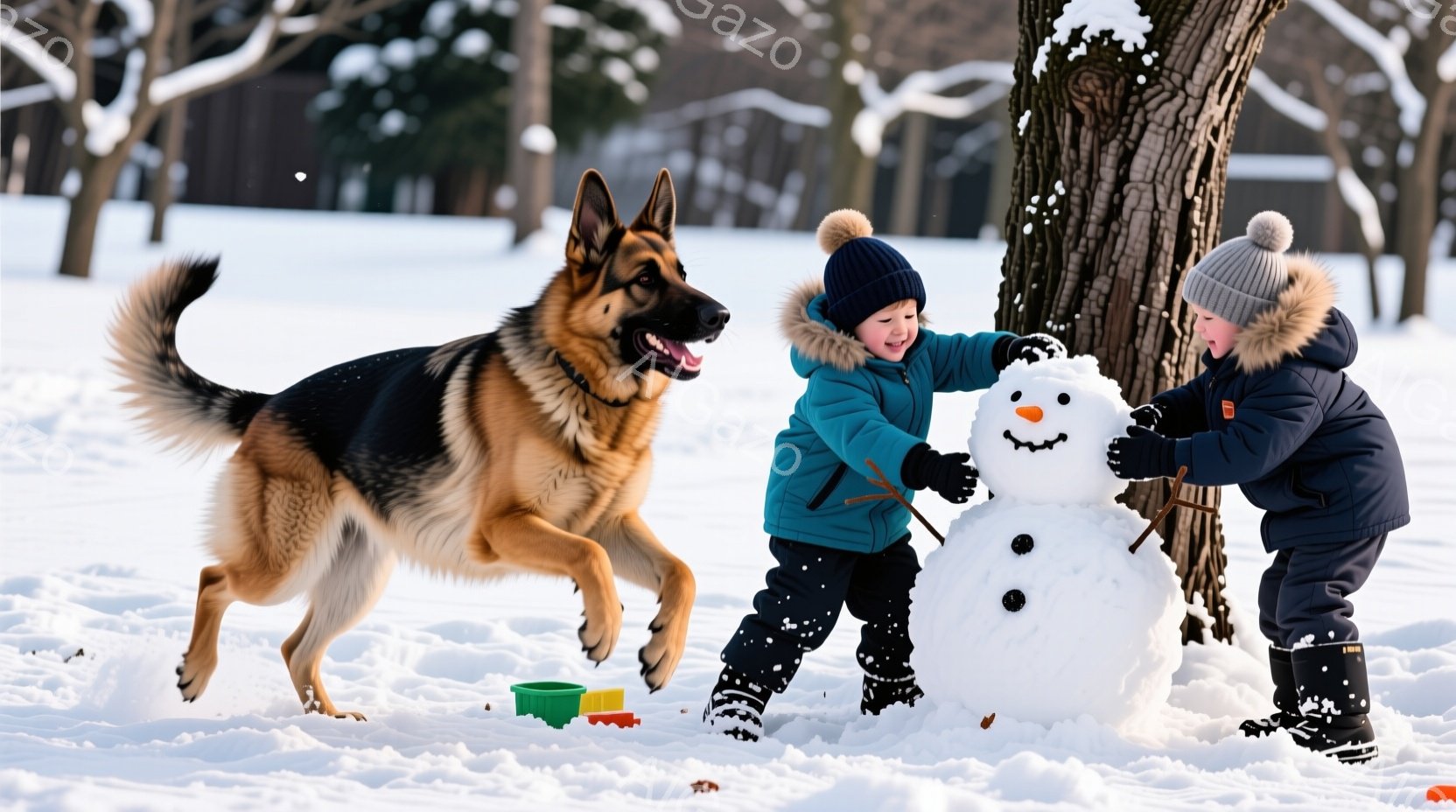 雪景色の中で、少年たちが雪だるまを作っています。青いジャケットを着た少年は雪だるまの顔を飾り付け、もう一人の少年は隣で何かを作っているようです。背景には木々が見え、犬が嬉しそうに駆け寄っています。
