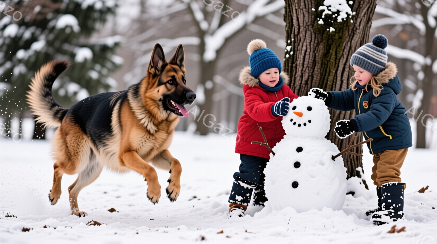 雪景色の中で、少年が雪だるまの顔を飾り付けようとしています。彼は赤いジャケット、黒いズボン、そしてポンポン付きの青い帽子をかぶり、真剣な表情で雪だるまの目と鼻を配置しています。背景には木々と雪が積もった地面が広がり、走り回るジャーマンシェパードが楽しげな雰囲気を添えています。