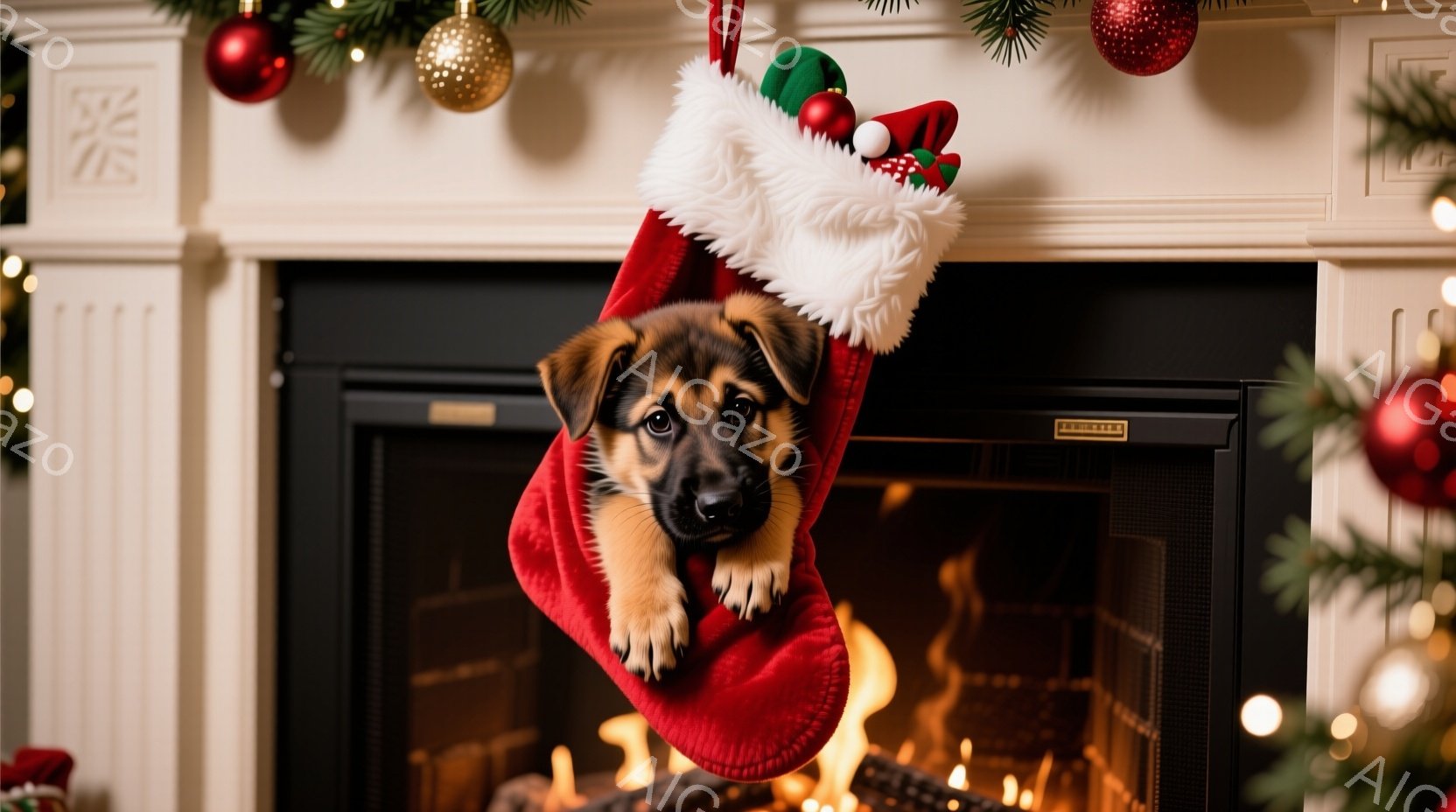 赤いクリスマスストッキングの中から、シェパードの子犬が顔と前足を覗かせています。子犬は少し困ったような、または遊び心のある表情で、クリスマスの飾り付けられた暖炉の前で可愛らしい姿を見せています。背景には、緑のガーランドと輝くオーナメント、暖炉の火が暖かく、お祝いの雰囲気を醸し出しています。