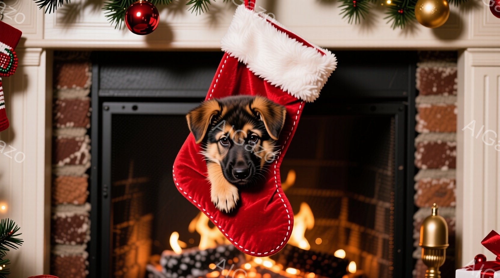 赤いクリスマスストッキングの中に、ジャーマンシェパードの子犬が顔を出しています。子犬は少し不安そうに見え、ストッキングから前足を伸ばして、まるで助けを求めているかのようです。背景には暖炉があり、炎が暖 - AI生成フリー素材