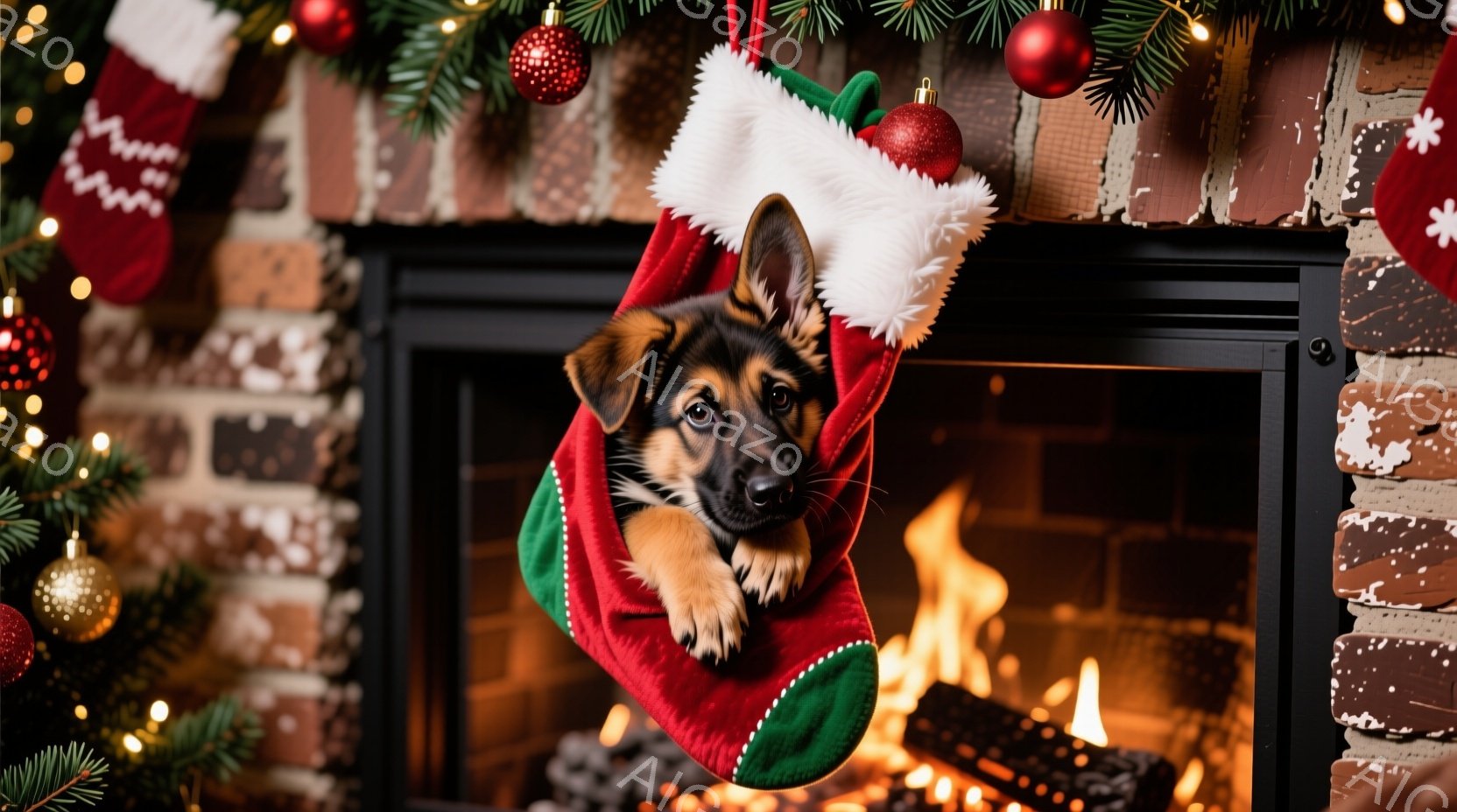 暖炉の赤いクリスマスストッキングの中に、小さなジャーマンシェパードの子犬が頭を出しています。子犬は少し困ったような表情で、前足もわずかに見えています。背景にはクリスマスツリーの緑と輝くオーナメント、そして暖炉の炎とレンガが暖かく、ホリデーシーズンらしい雰囲気が漂っています。