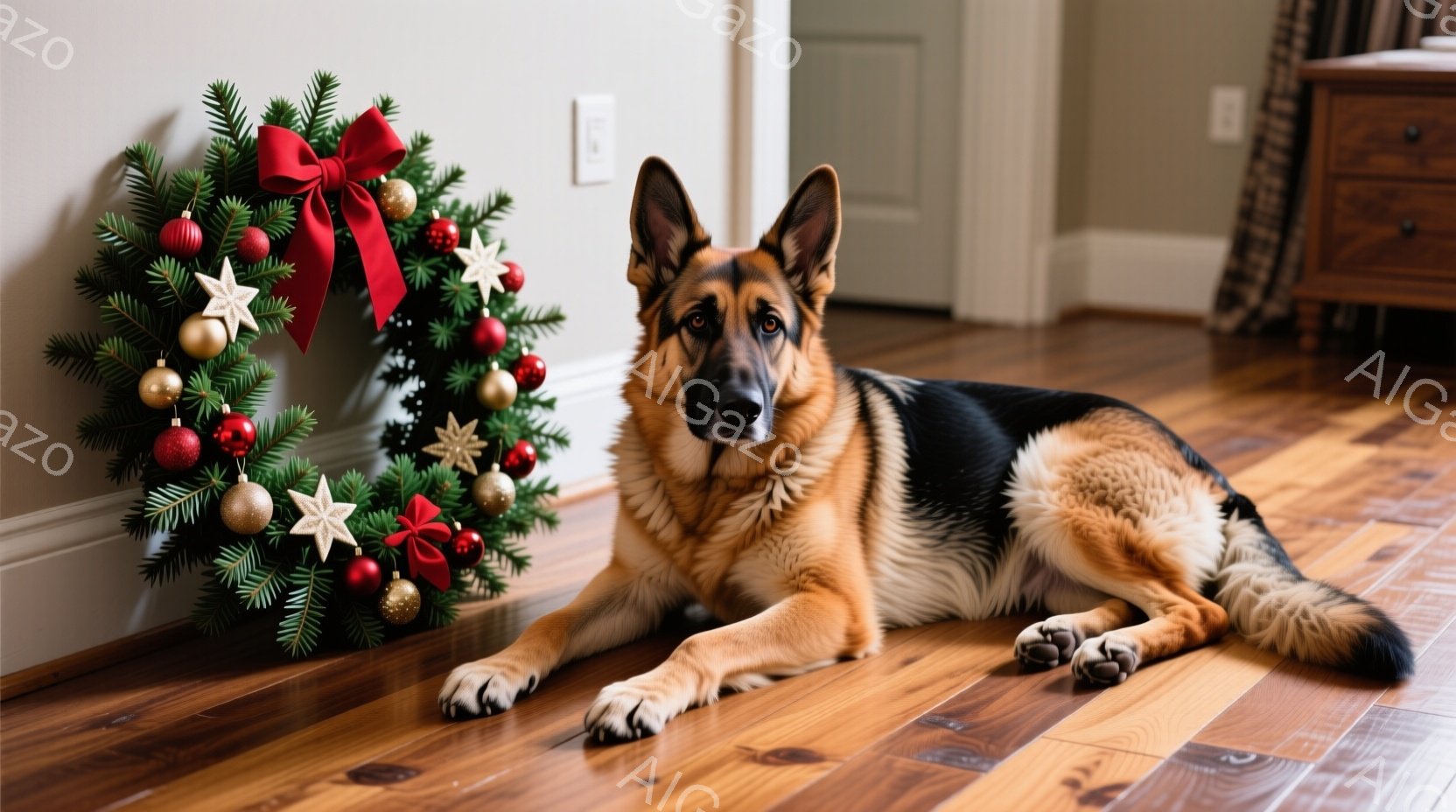暖かい色のフローリングに、ジャーマンシェパードが横たわっています。背景にはクリスマスの飾り付けが施されたリースがあり、部屋全体が落ち着いた雰囲気です。犬はリラックスした表情で、正面をまっすぐ見ています。