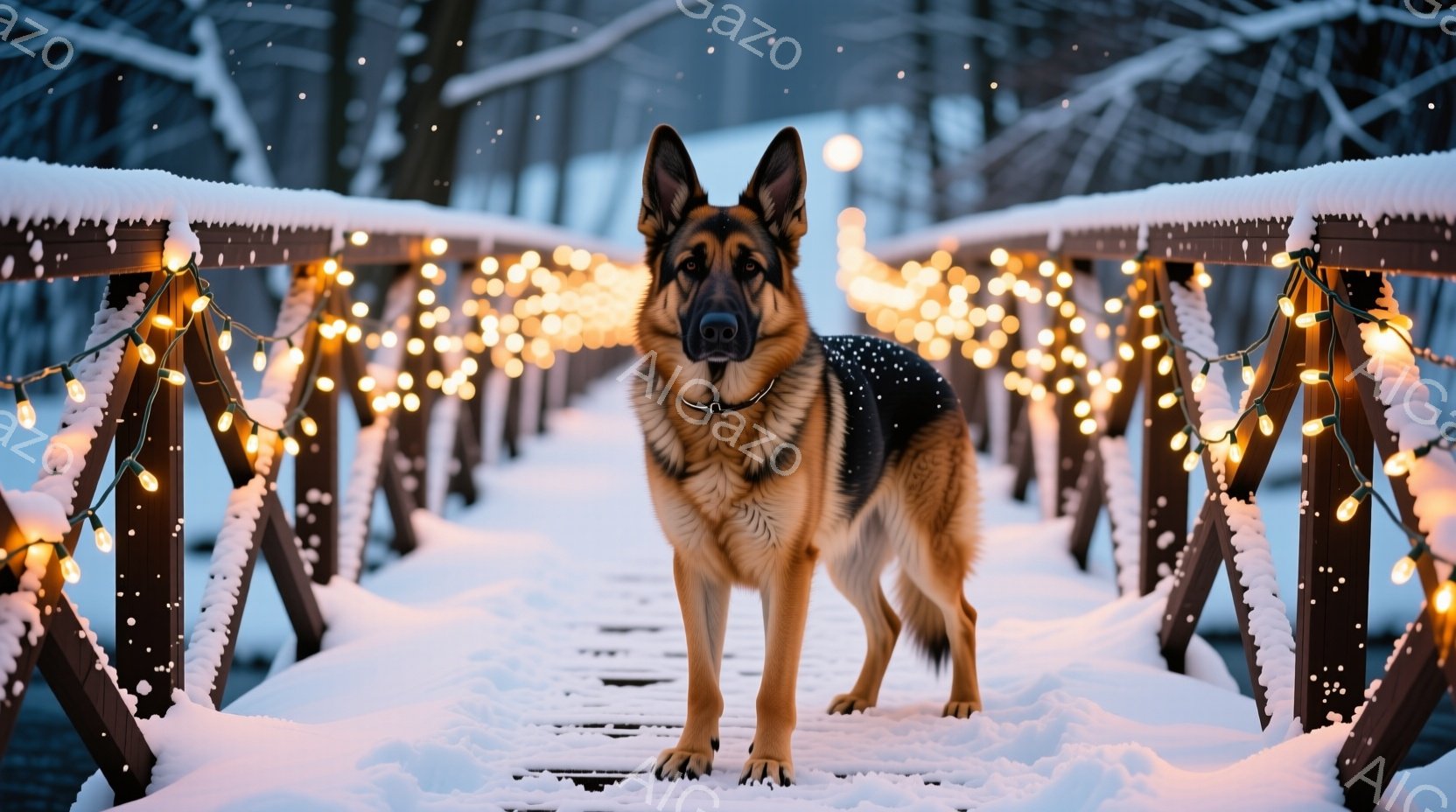 雪に覆われた木製の橋の上に立つジャーマンシェパードが写っています。犬は正面をまっすぐ見つめ、落ち着いた表情で立っており、冬の風景と温かい光のイルミネーションが、穏やかで幻想的な雰囲気を醸し出しています - AI生成フリー素材