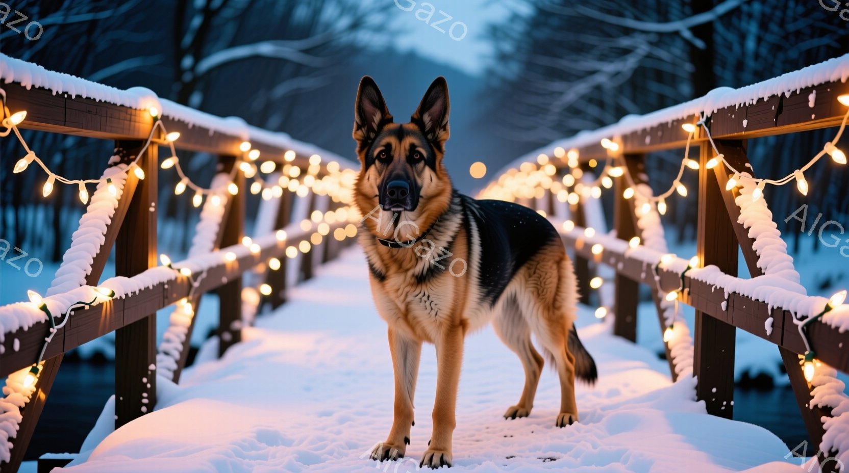 白い雪に覆われた木製の橋の上で、ジャーマンシェパードが正面を見据えています。犬は黒と茶色の毛並みで、首輪を着用しており、凛々しい表情で威厳に満ちています。背景は雪景色で、橋には温かい光を放つ電飾が飾られ、冬の静寂と温かさを感じさせる雰囲気です。