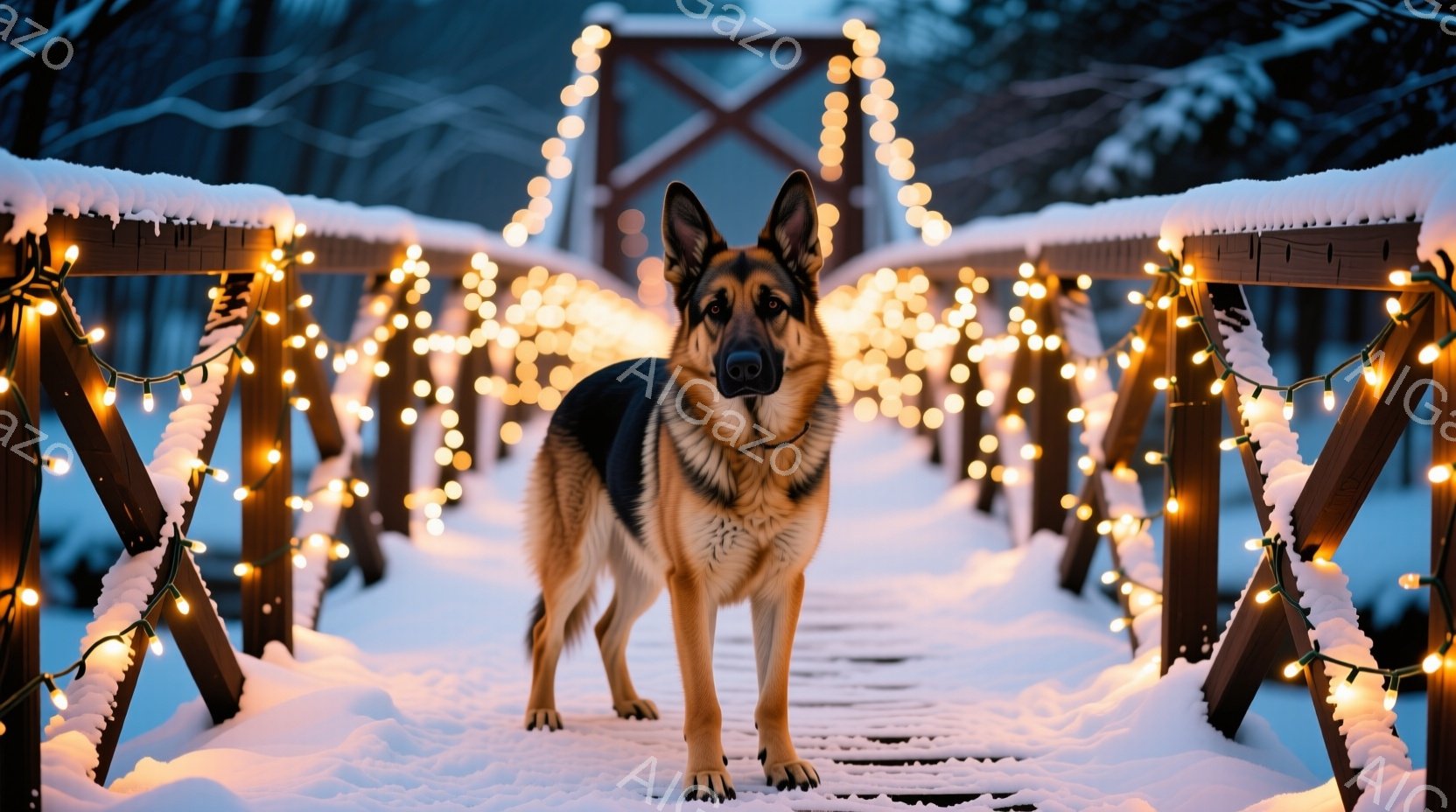 雪に覆われた木製の橋の上で、ジャーマンシェパードが正面を向いて立っている。周りの橋の柵には温かい光を放つ電飾が飾られ、冬の静かで幻想的な雰囲気を醸し出している。背景は雪に覆われた木々で、寒さと暖かさが - AI生成フリー素材