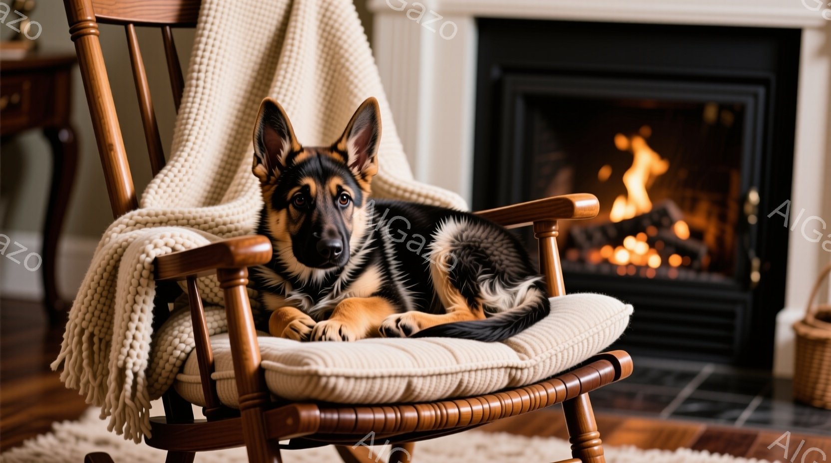 温かい色合いのロッキングチェアに、ジャーマンシェパードの子犬がリラックスして横たわっています。白い毛布が椅子を覆い、子犬を暖かく包み込んでいます。背景には暖炉があり、炎が燃え盛っており、居心地の良い冬の雰囲気を作り出しています。