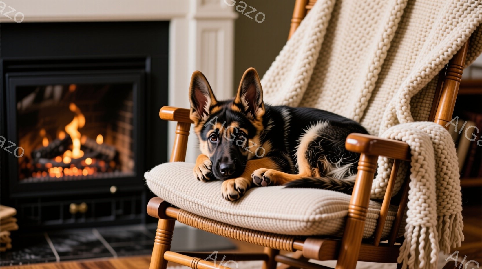 暖炉のある暖かい室内で、ジャーマンシェパードの子犬がロッキングチェアに横たわっています。子犬は前足を伸ばしてリラックスした様子で、少し憂いを帯びた表情でカメラを見つめています。背景には薪が積み上げられ - AI生成フリー素材