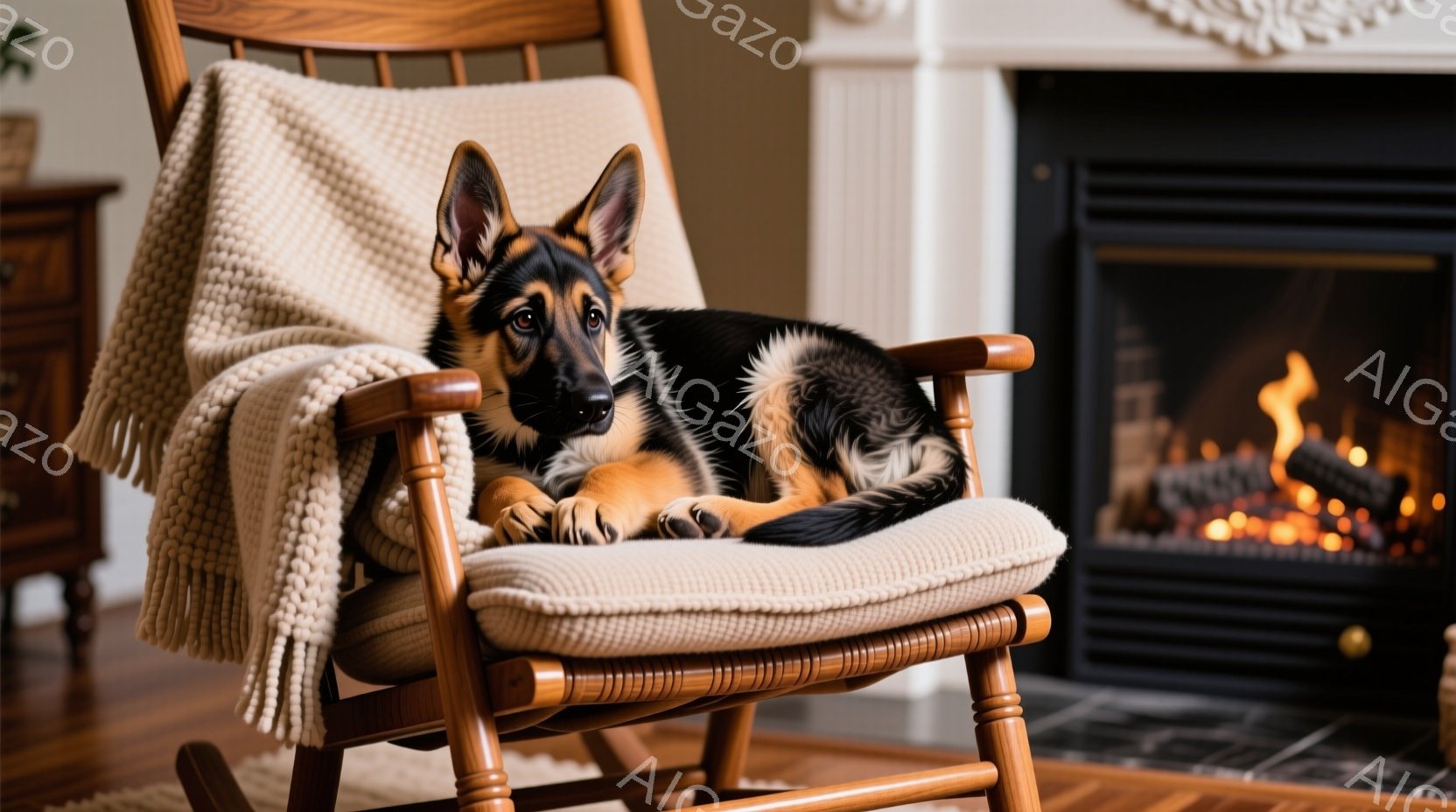 暖炉のある部屋で、ロッキングチェアにドイツシェパードの子犬がゆったりと横たわっています。子犬は黒と茶色の毛並みで、リラックスした表情をしています。ロッキングチェアにはクリーム色の毛布がかけられており、 - AI生成フリー素材