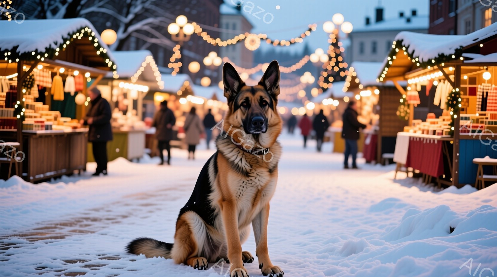 雪に覆われた市場で座っているジャーマンシェパードが写っています。犬は茶色と黒の毛並みで、首輪を付けており、まっすぐ前を見て落ち着いた表情をしています。背景には、クリスマスマーケットのような屋台が並び、 - AI生成フリー素材
