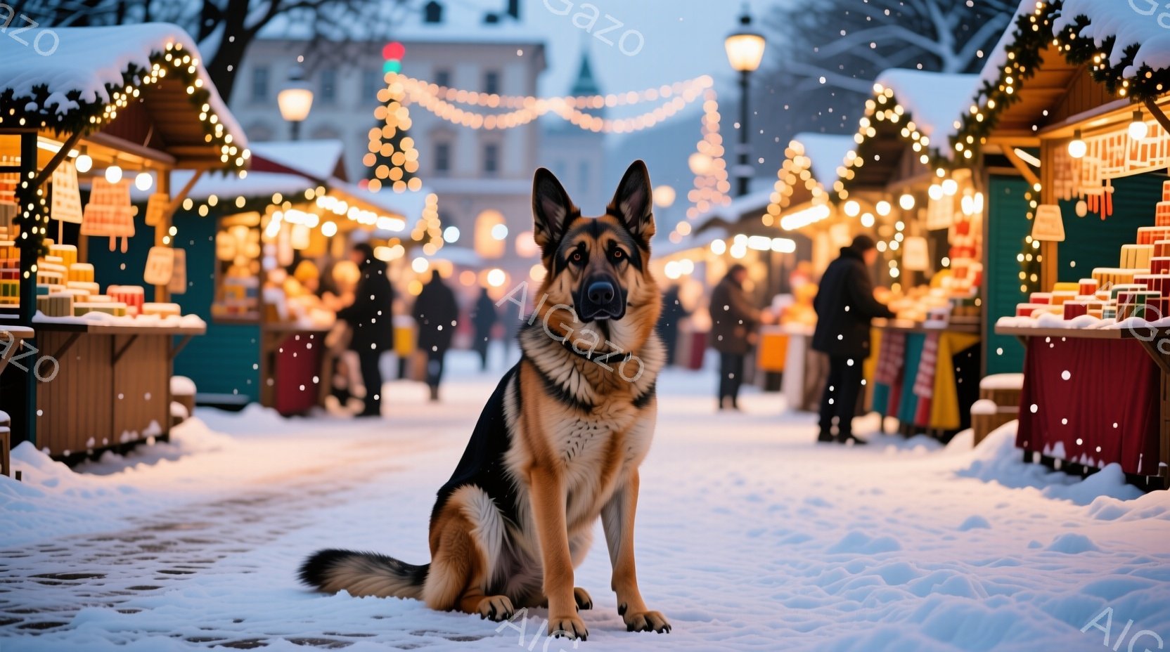 雪が降るクリスマスのマーケットの中に、ジャーマンシェパードが座っています。犬はまっすぐ前を見ており、首輪を付けています。背景には、光り輝く装飾が施された木製の屋台が並び、人々が歩き回っています。