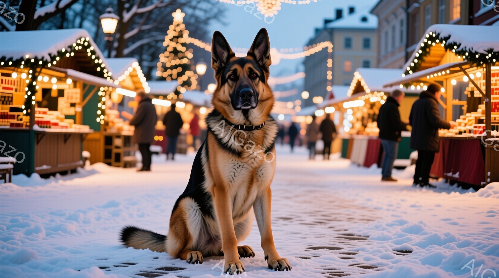雪に覆われた石畳の道に座っているジャーマンシェパードが写っています。背景には、クリスマスの装飾が施された屋台が並び、人々が楽しそうに歩き回っています。全体的に、冬のクリスマスのマーケットを舞台にした、 - AI生成フリー素材