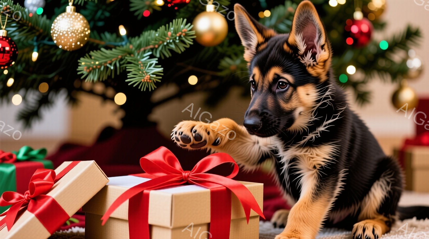 鮮やかなクリスマスツリーの足元に、プレゼントの箱が置かれ、その一つにジャーマンシェパードの子犬が前足を伸ばして触れようとしています。子犬は黒と茶色の毛並みで、好奇心に満ちた表情でプレゼントを見つめてい - AI生成フリー素材