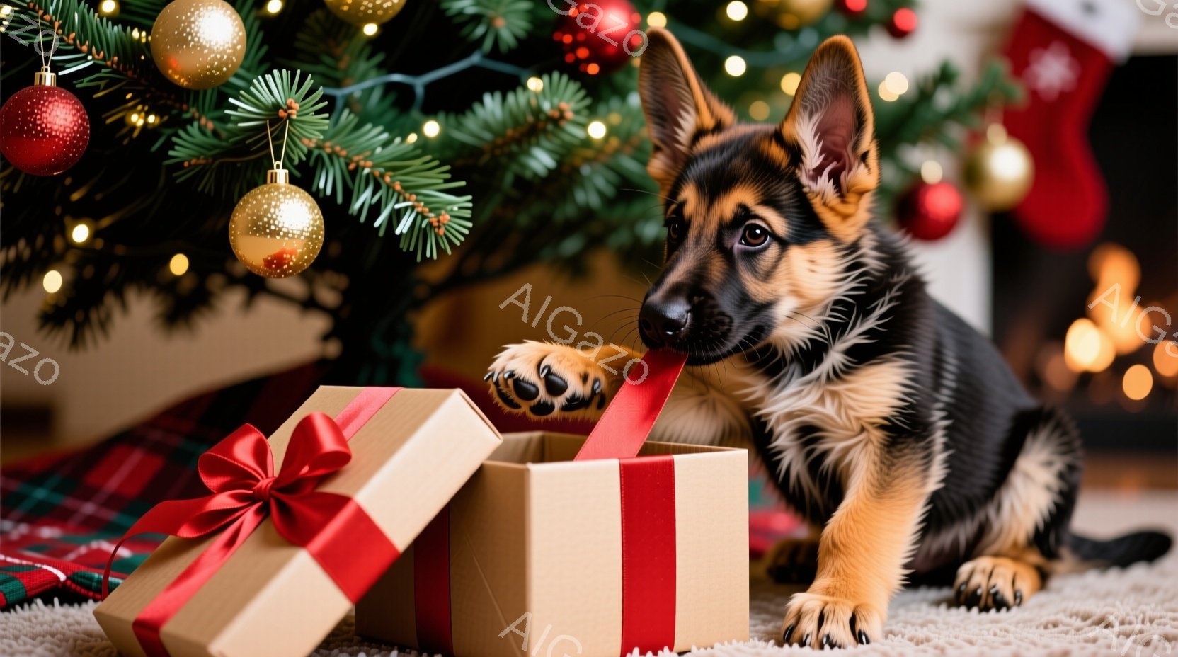 茶色と白の毛並みを持つコリーの幼犬が、赤い布の上に座って正面を見ています。背景にはクリスマスツリーがぼんやりと光り、プレゼントボックスがいくつか見えます。全体的に暖かく、お祝いムードに満ちた雰囲気です。