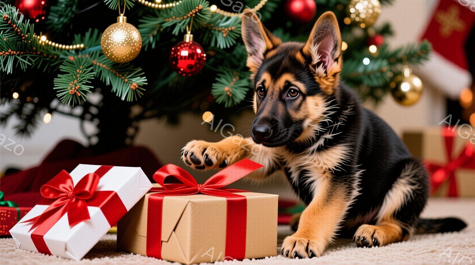 クリスマスツリーの足元に置かれたプレゼントの箱のそばに座っているドイツシェパードの子犬が写っています。子犬は茶色と黒の毛並みで、前足でプレゼントの箱を軽く押さえているようです。背景には、クリスマスツリ - AI生成フリー素材