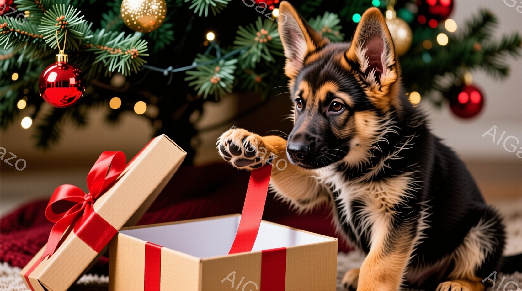 幼いジャーマンシェパードの子犬が、赤いリボンで結ばれた開いたギフトボックスに前足をかけて覗き込んでいる。背景には、赤い敷物と、輝く電飾とオーナメントで飾られたクリスマスツリーが見える。全体的に、クリス - AI生成フリー素材