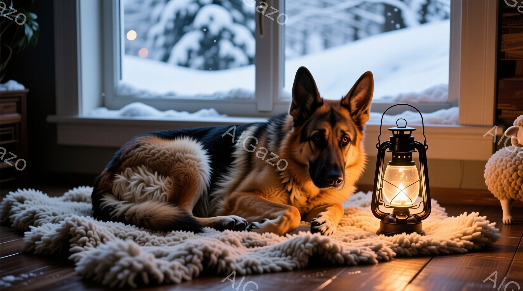 暖炉の光が灯る室内で、ジャーマンシェパードがふわふわのラグの上に横たわっています。窓の外には雪景色が広がり、室内との暖かさのコントラストが際立っています。犬はリラックスした表情で、穏やかで静かな雰囲気 - AI生成フリー素材
