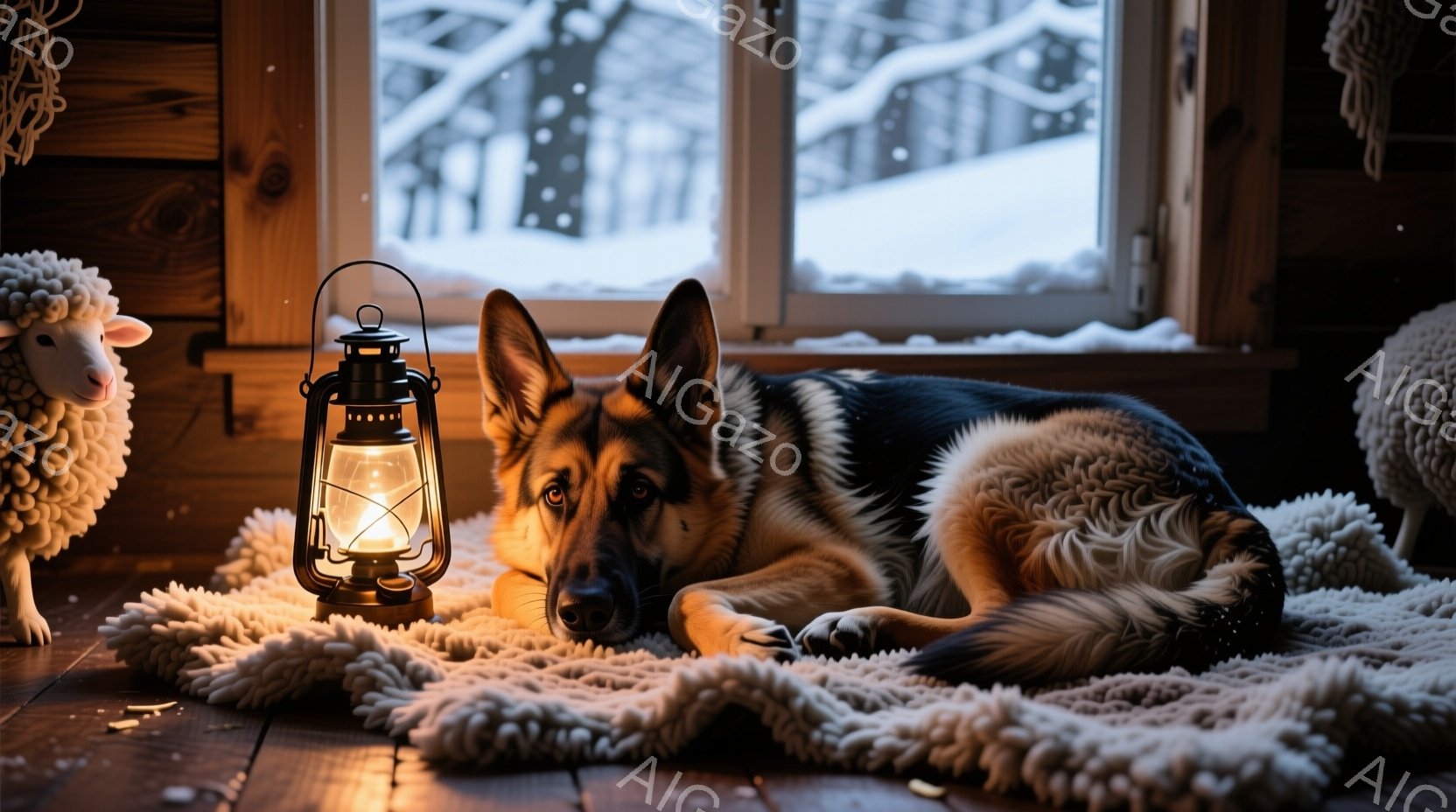 暖炉のある木の床に、ドイツシェパードが白いフリースのような敷物の上で横たわっています。窓の外は雪景色で、背景には木々が見えます。アンティーク風のランタンが犬の近くに置かれ、暖かく穏やかな雰囲気を醸し出 - AI生成フリー素材